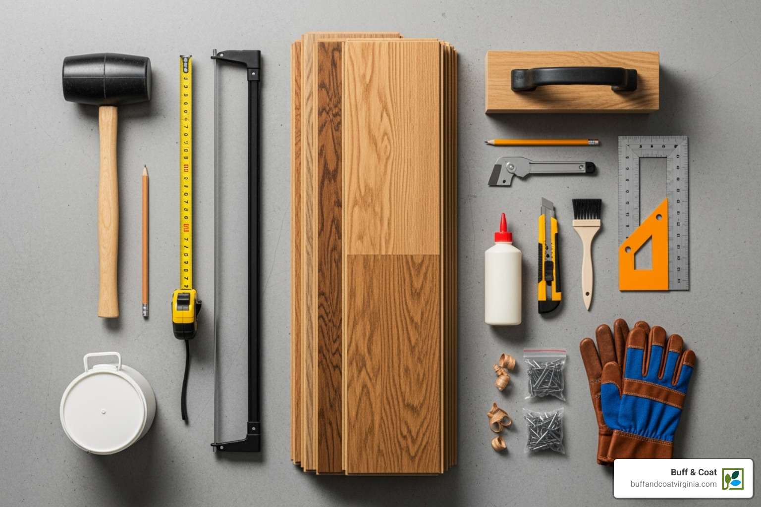 all the necessary tools and materials laid out neatly - install wood flooring on concrete all the necessary tools and materials laid out neatly - install wood flooring on concrete