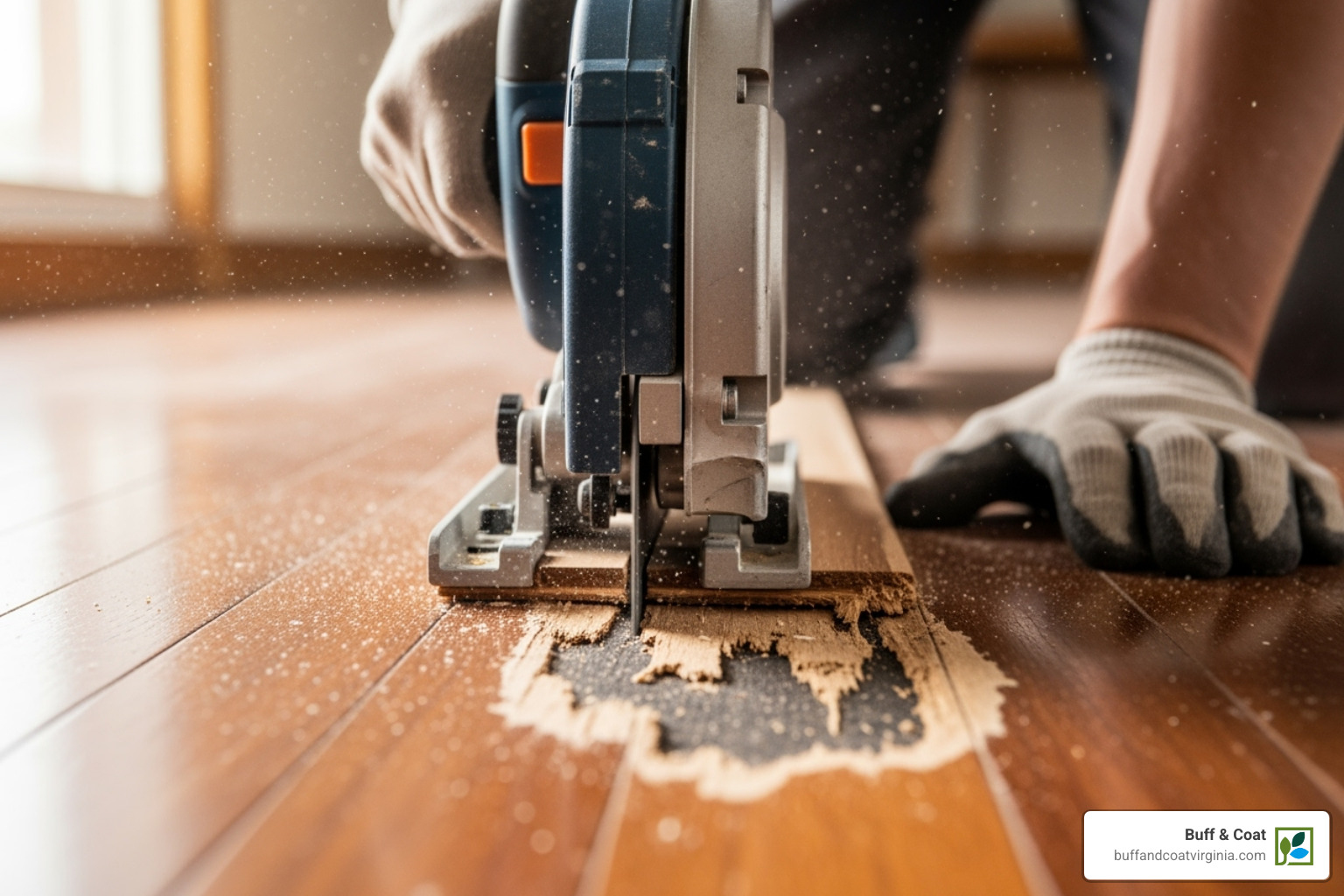 Person carefully making the first cut into a damaged hardwood board - hardwood floor board replacement Person carefully making the first cut into a damaged hardwood board - hardwood floor board replacement