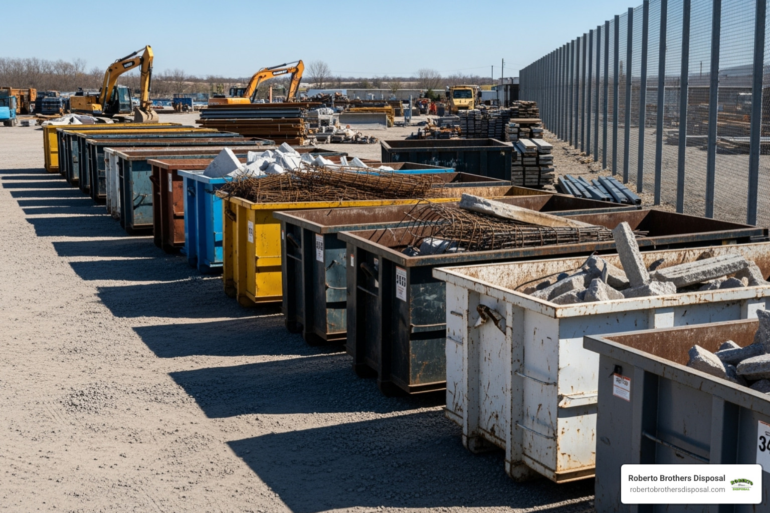 different sized roll-off dumpsters lined up - Construction dumpster rental