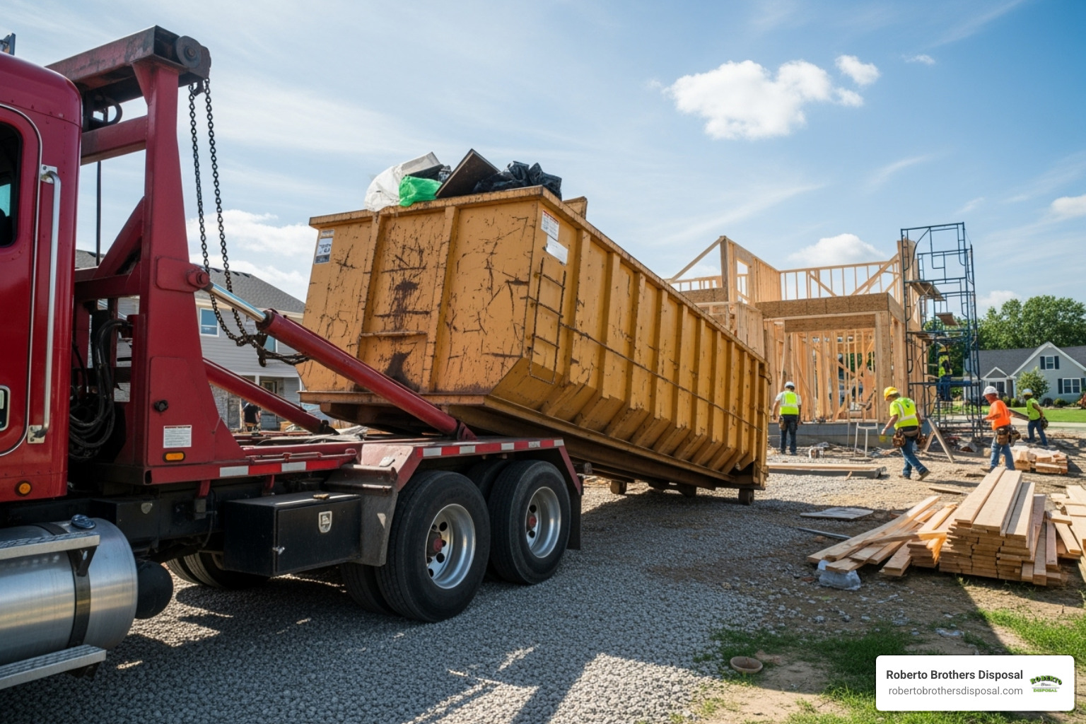 dumpster being delivered to a job site - Construction dumpster rental