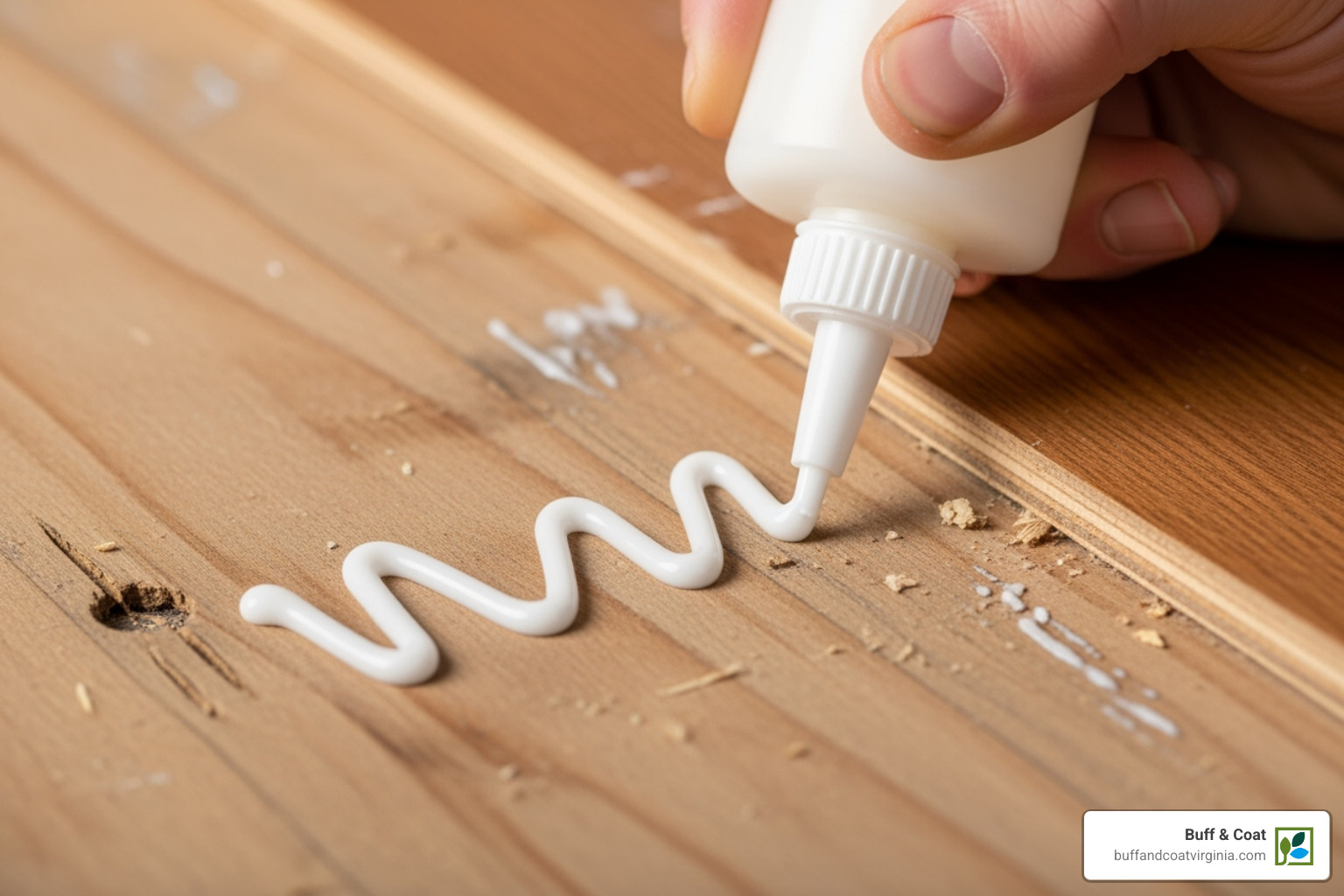 Wood glue being applied in a zig-zag pattern to the subfloor - how to replace a hardwood floor board Wood glue being applied in a zig-zag pattern to the subfloor - how to replace a hardwood floor board