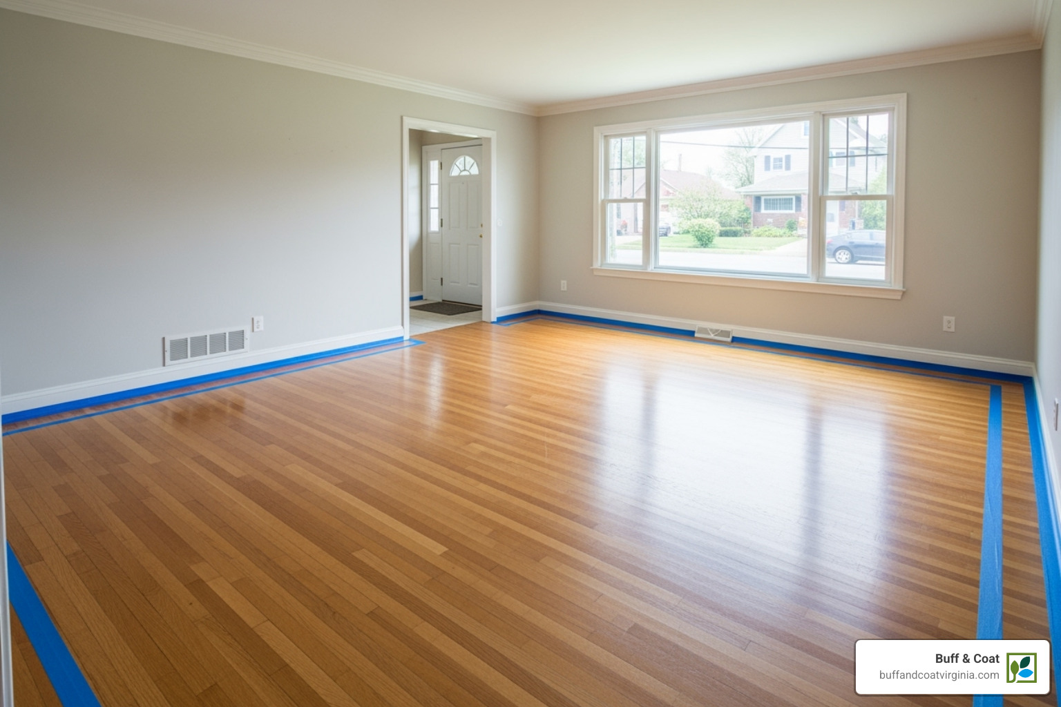 A room cleared of furniture with painter's tape on the baseboards - cheap hardwood floor refinishing A room cleared of furniture with painter's tape on the baseboards - cheap hardwood floor refinishing