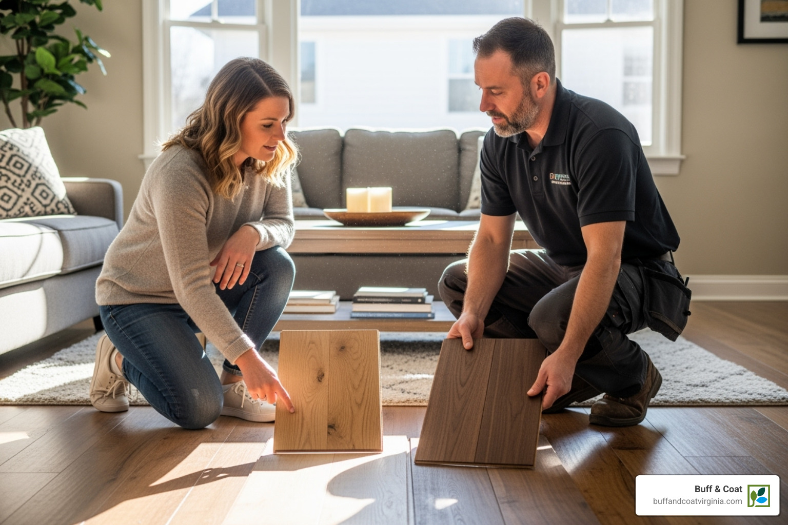 homeowner discussing floor samples with a contractor - floor sanding contractors homeowner discussing floor samples with a contractor - floor sanding contractors