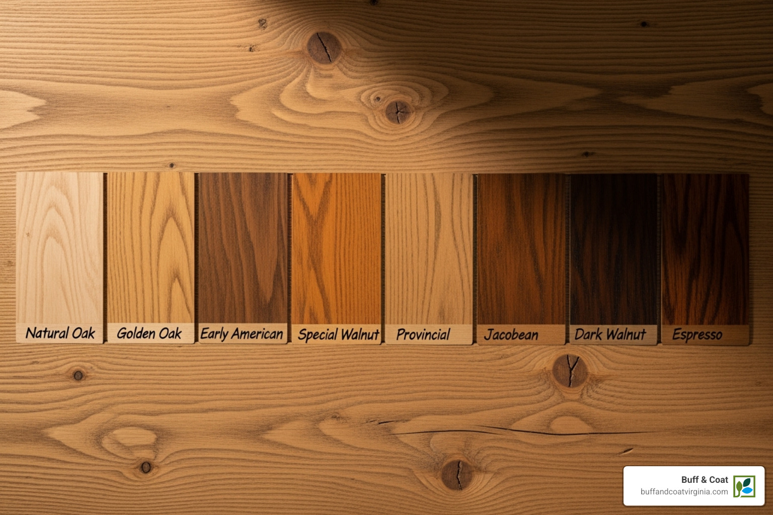 various wood stain samples on an oak plank - floor refinishing service various wood stain samples on an oak plank - floor refinishing service