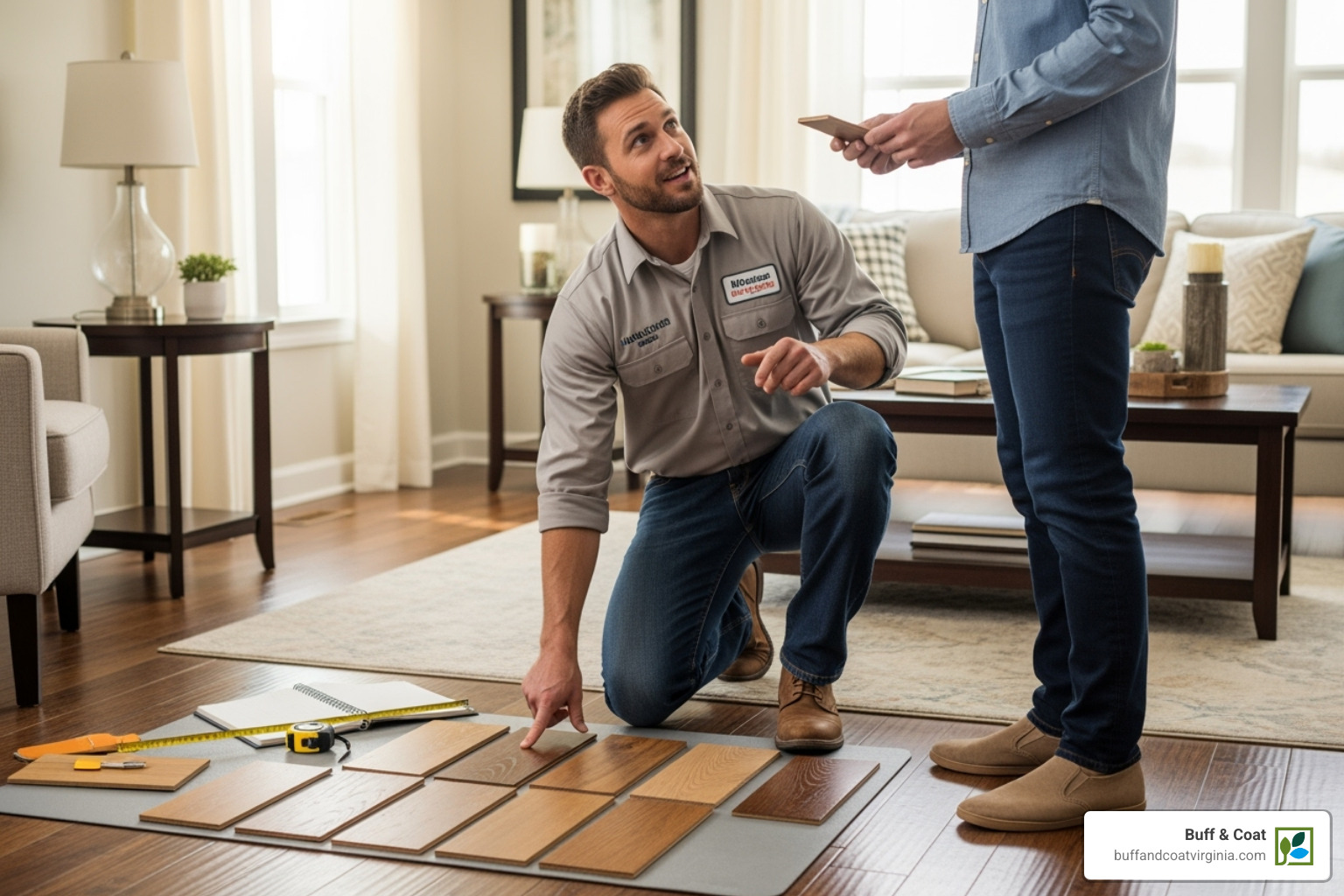a friendly, uniformed flooring contractor discussing options with a homeowner in their living room - floor refinishing service a friendly, uniformed flooring contractor discussing options with a homeowner in their living room - floor refinishing service