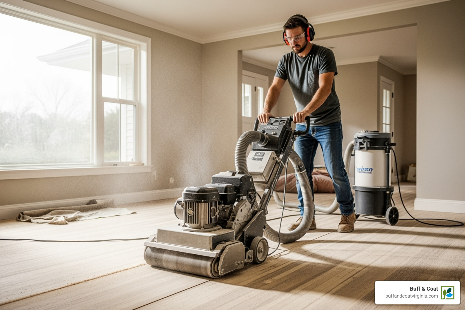 a professional using a floor sander with a dust containment system attached - floor refinishing service a professional using a floor sander with a dust containment system attached - floor refinishing service