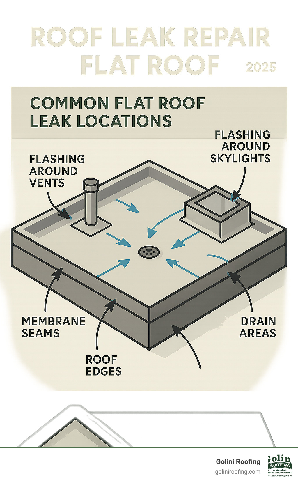 Infographic showing common flat roof leak locations including membrane seams, flashing around vents and skylights, drain areas, roof edges and penetrations, with arrows indicating water infiltration paths and typical failure points - roof leak repair flat roof infographic Infographic showing common flat roof leak locations including membrane seams, flashing around vents and skylights, drain areas, roof edges and penetrations, with arrows indicating water infiltration paths and typical failure points - roof leak repair flat roof infographic