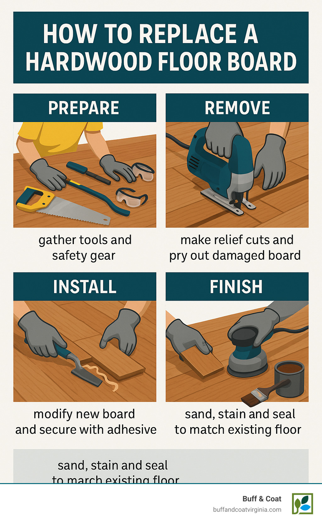 Step-by-step infographic showing the four main stages of hardwood board replacement: Prepare (gathering tools and safety gear), Remove (making relief cuts and prying out damaged board), Install (modifying new board and securing with adhesive), and Finish (sanding, staining and sealing to match existing floor) - how to replace a hardwood floor board infographic Step-by-step infographic showing the four main stages of hardwood board replacement: Prepare (gathering tools and safety gear), Remove (making relief cuts and prying out damaged board), Install (modifying new board and securing with adhesive), and Finish (sanding, staining and sealing to match existing floor) - how to replace a hardwood floor board infographic