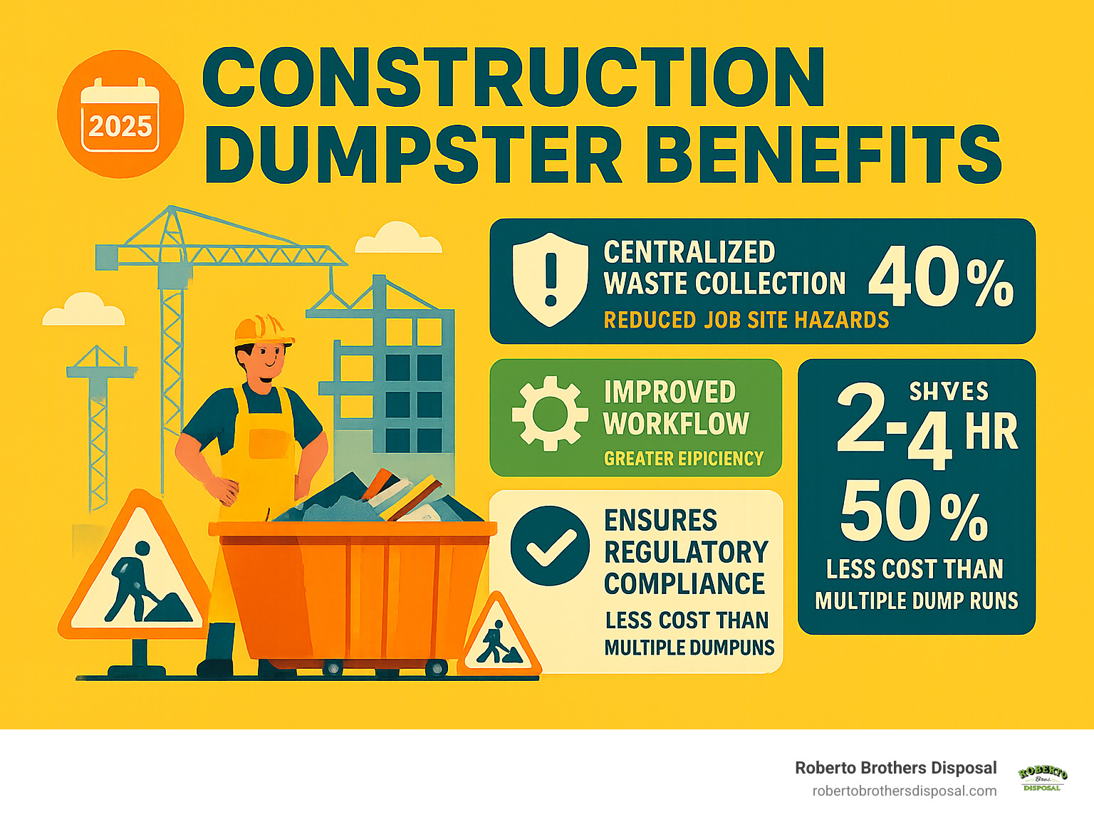 Infographic showing construction dumpster benefits: centralized waste collection reduces job site hazards by 40%, improves workflow efficiency by 30%, saves 2-4 hours daily on waste trips, ensures regulatory compliance, and costs 50% less than multiple dump runs - Construction dumpster rental infographic 