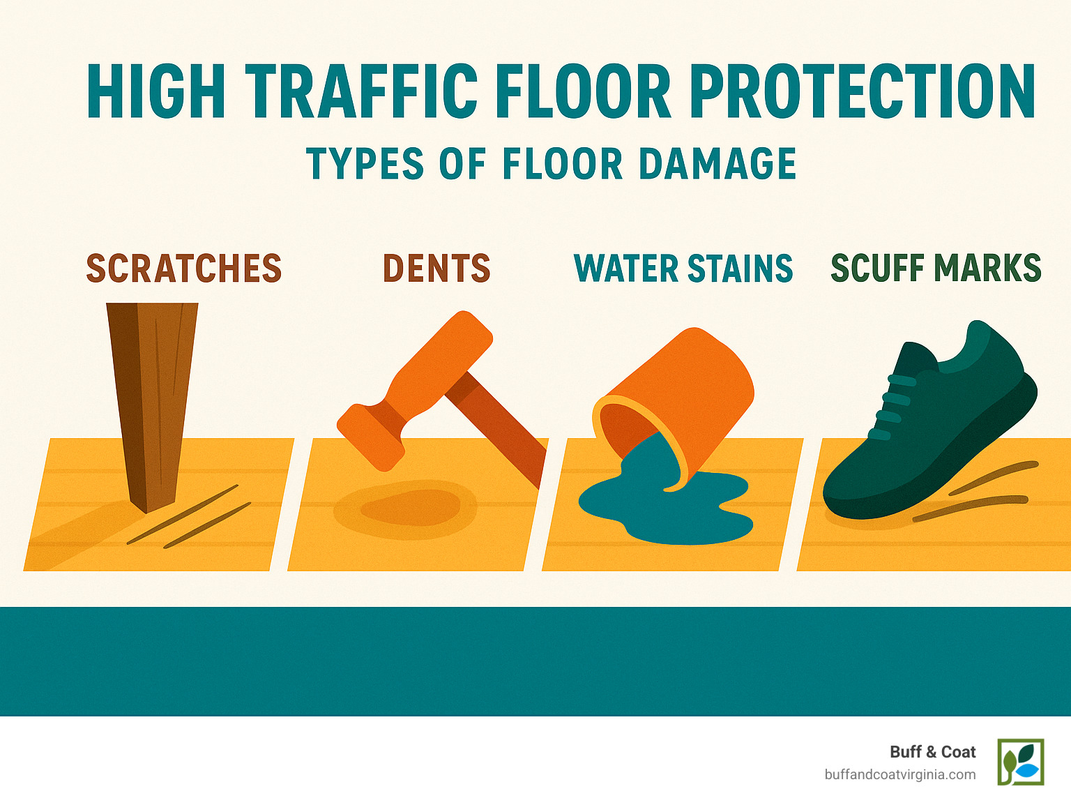 Infographic showing types of floor damage from high traffic including scratches from furniture, dents from dropped items, water stains from spills, and scuff marks from shoes and equipment - high traffic floor protection infographic Infographic showing types of floor damage from high traffic including scratches from furniture, dents from dropped items, water stains from spills, and scuff marks from shoes and equipment - high traffic floor protection infographic