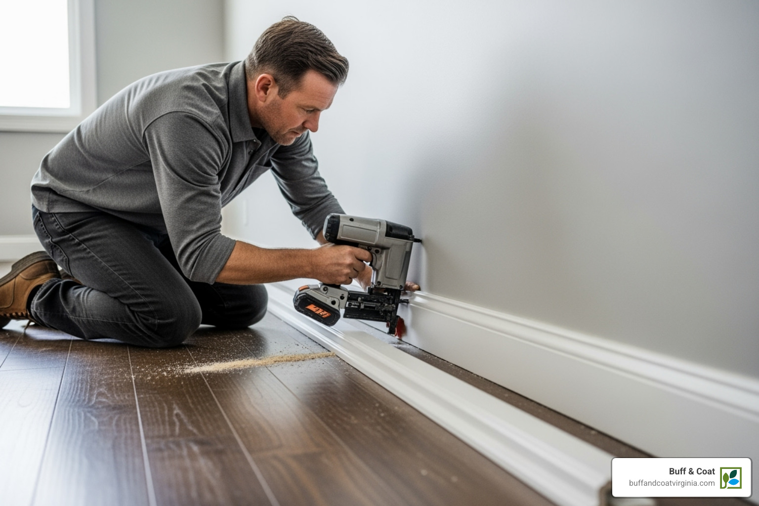 Professional installing new white baseboards over a dark hardwood floor - Hardwood Floor Installation Professional installing new white baseboards over a dark hardwood floor - Hardwood Floor Installation