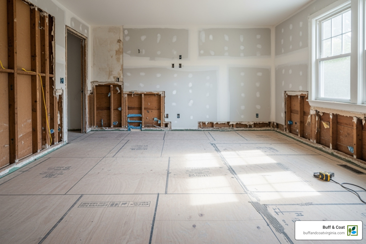 Cleared room with baseboards removed, ready for subfloor prep - Hardwood Floor Installation Cleared room with baseboards removed, ready for subfloor prep - Hardwood Floor Installation