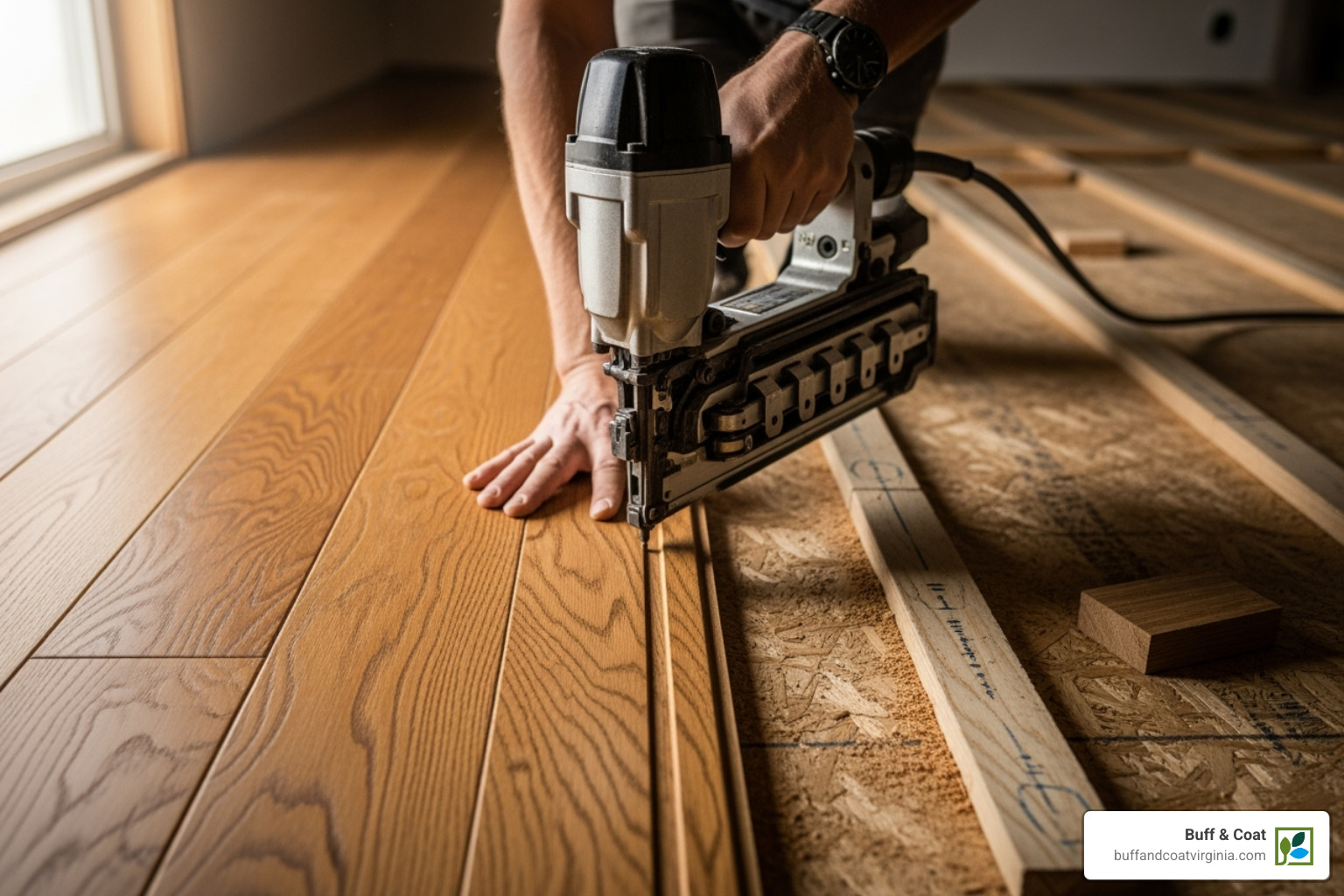 Flooring nailer being used on a tongue-and-groove plank - Hardwood Floor Installation Flooring nailer being used on a tongue-and-groove plank - Hardwood Floor Installation