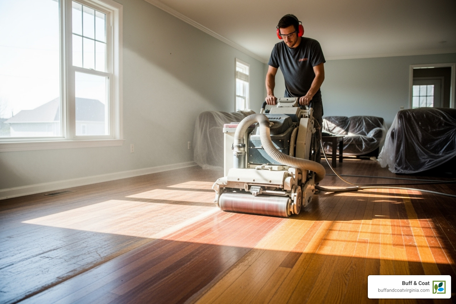 Professional using a floor sanding machine - floor refinishing near me Professional using a floor sanding machine - floor refinishing near me