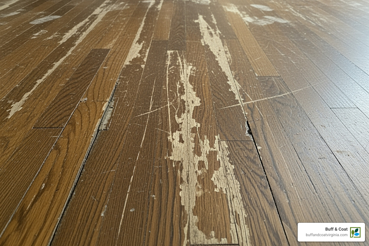 Worn hardwood floor with visible scratches and fading - floor refinishing near me Worn hardwood floor with visible scratches and fading - floor refinishing near me
