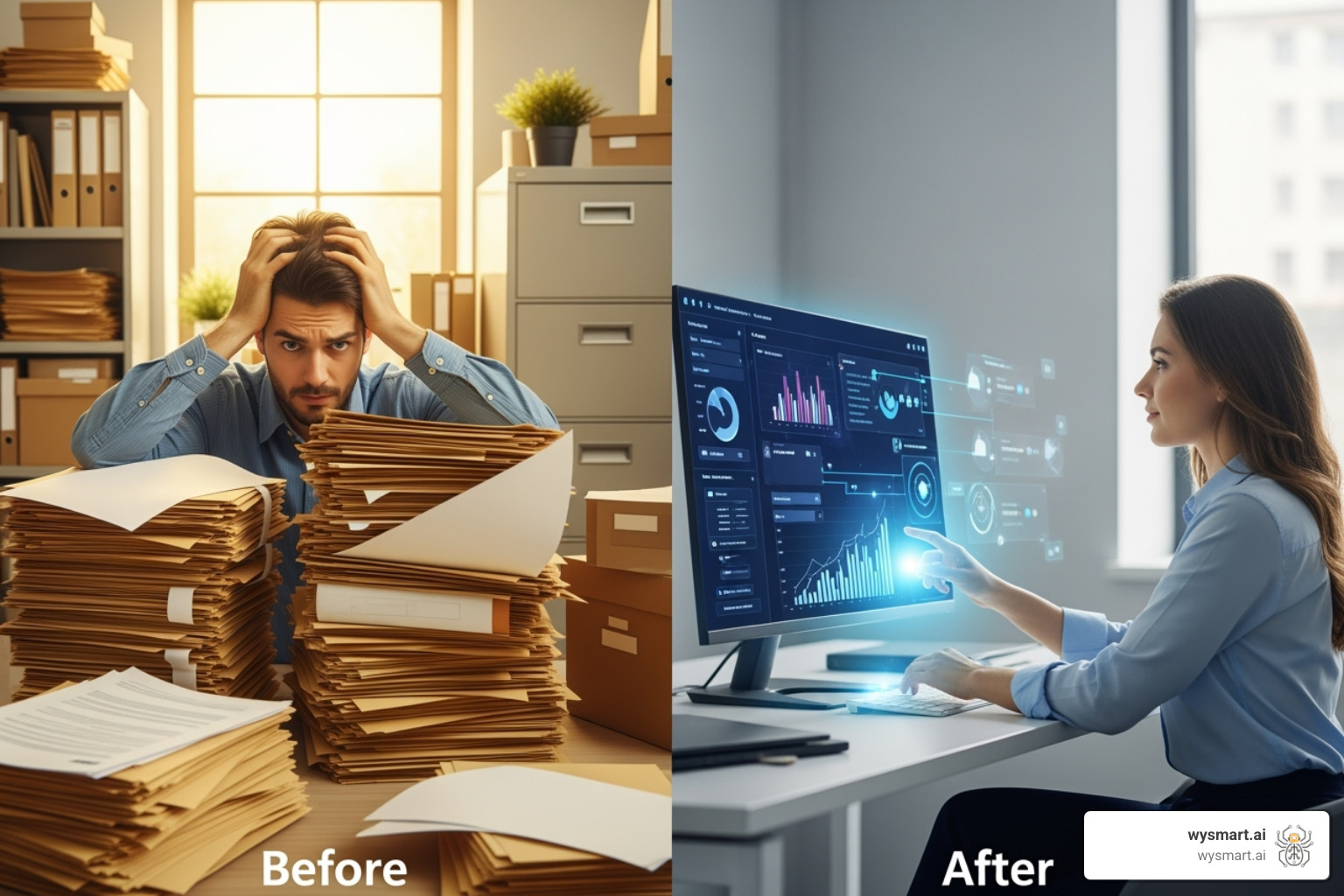 Image of a before-and-after comparison of a manual vs. automated process - business automation software solutions Image of a before-and-after comparison of a manual vs. automated process - business automation software solutions