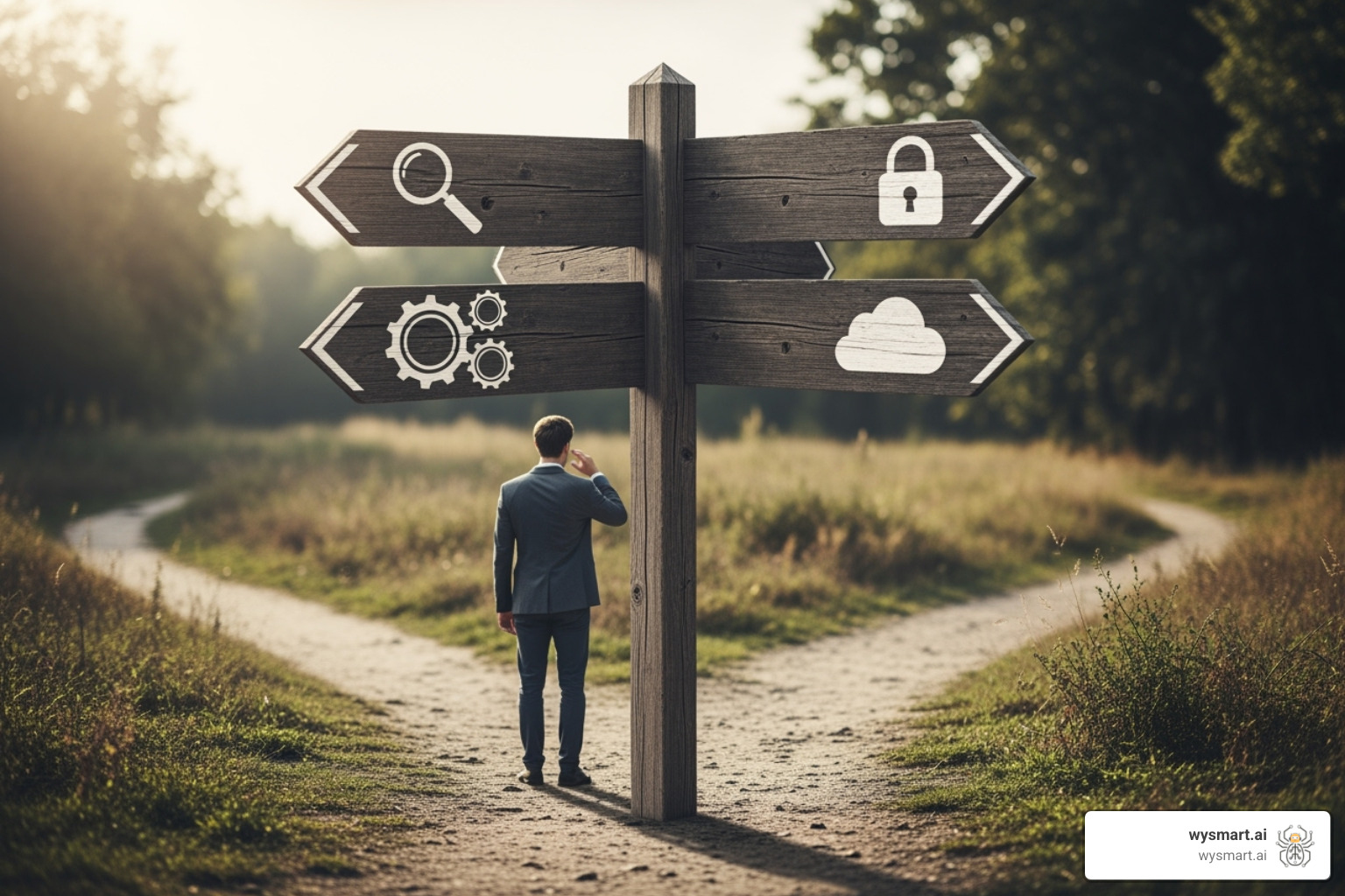 Image of a person at a crossroads with signs pointing to different software features - business automation software solutions Image of a person at a crossroads with signs pointing to different software features - business automation software solutions
