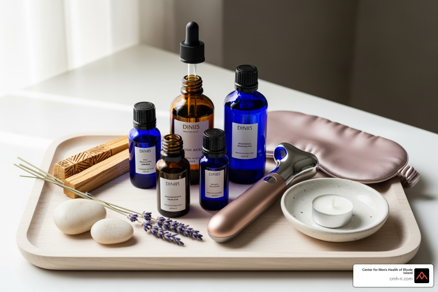 image of a curated, aesthetic collection of wellness products like oils and a discreet massager - sexual wellness