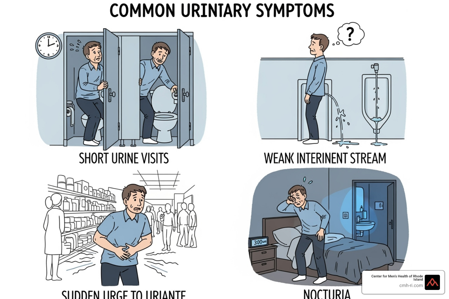 A diagram illustrating the common urinary symptoms of BPH, such as frequent urination, weak stream, urgency, and nocturia - BPH specialist near me A diagram illustrating the common urinary symptoms of BPH, such as frequent urination, weak stream, urgency, and nocturia - BPH specialist near me