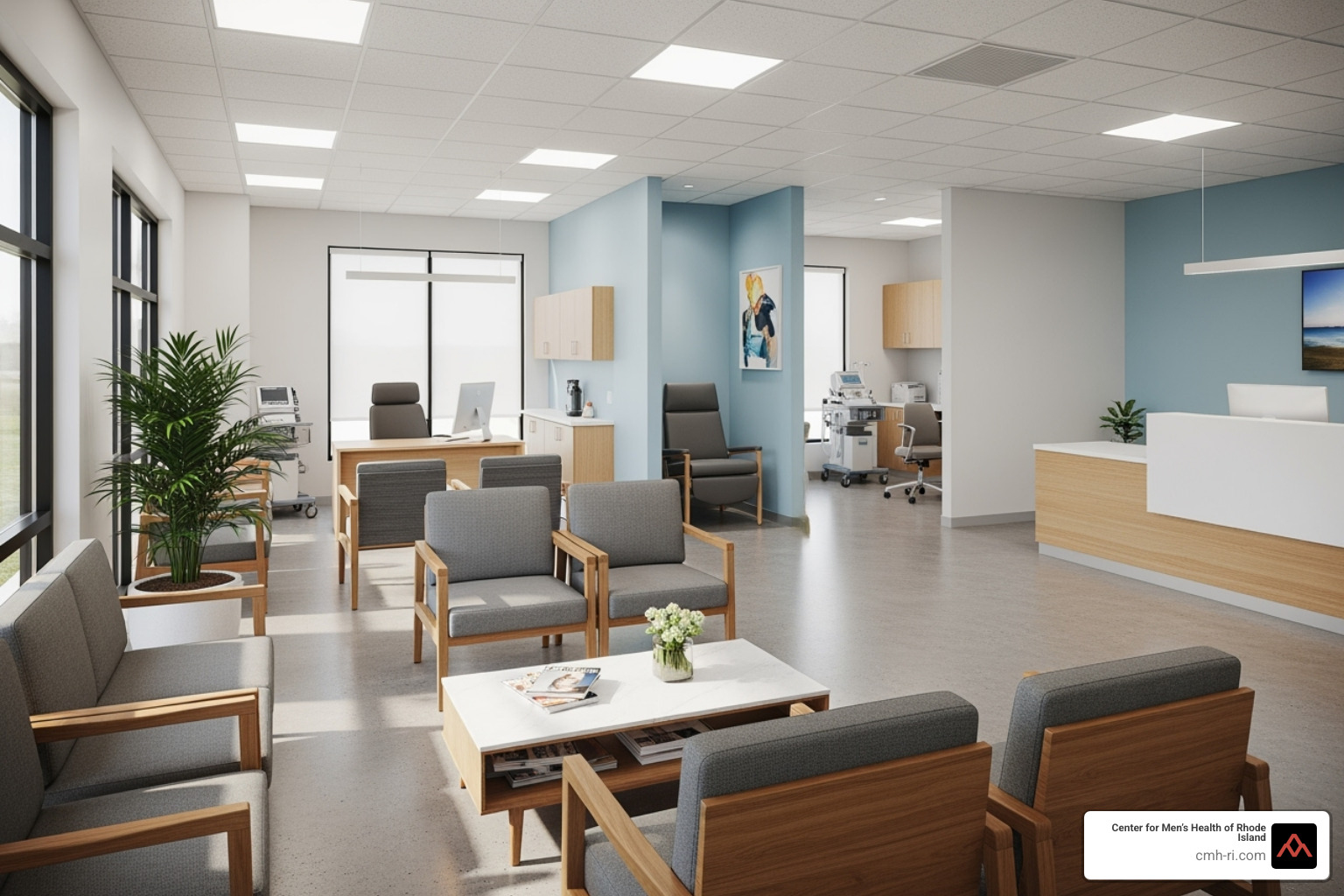 Interior of a modern, clean, and welcoming men's health clinic, showing a comfortable waiting area and a private consultation room - low t clinic providence