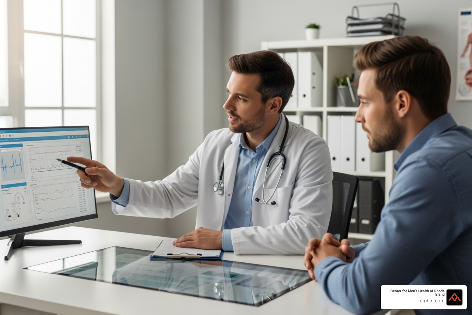 A compassionate doctor discussing lab results with a male patient, showing empathy and clear communication - low t clinic providence