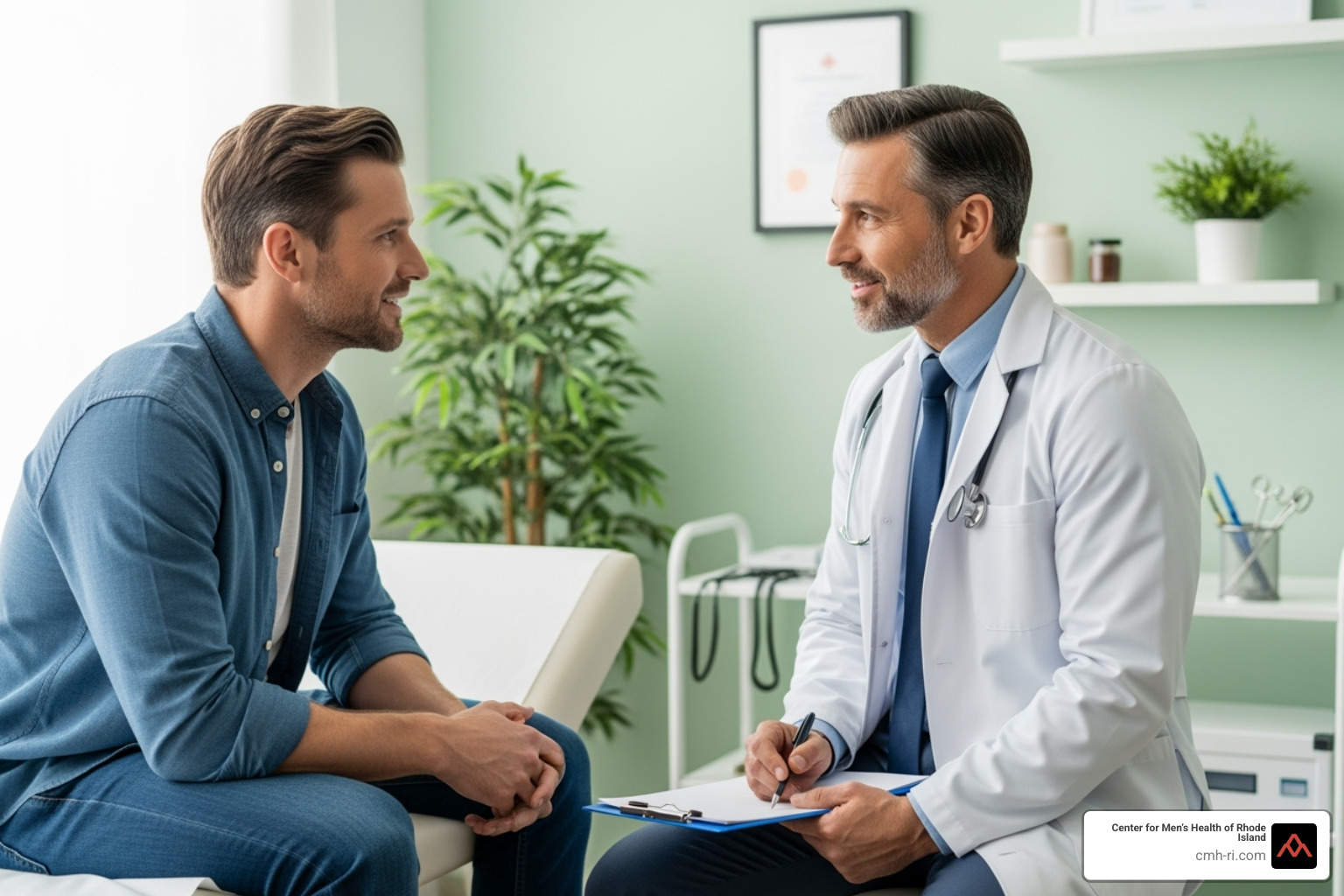 A male patient speaking with a doctor in a professional clinic setting, emphasizing trust and open communication - erectile dysfunction treatment over the counter