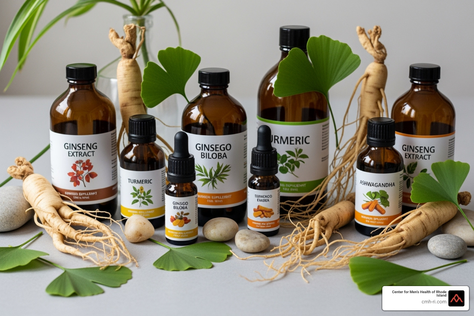 Various herbal supplement bottles and plants like ginseng and ginkgo, highlighting the natural but unregulated aspect - erectile dysfunction treatment over the counter