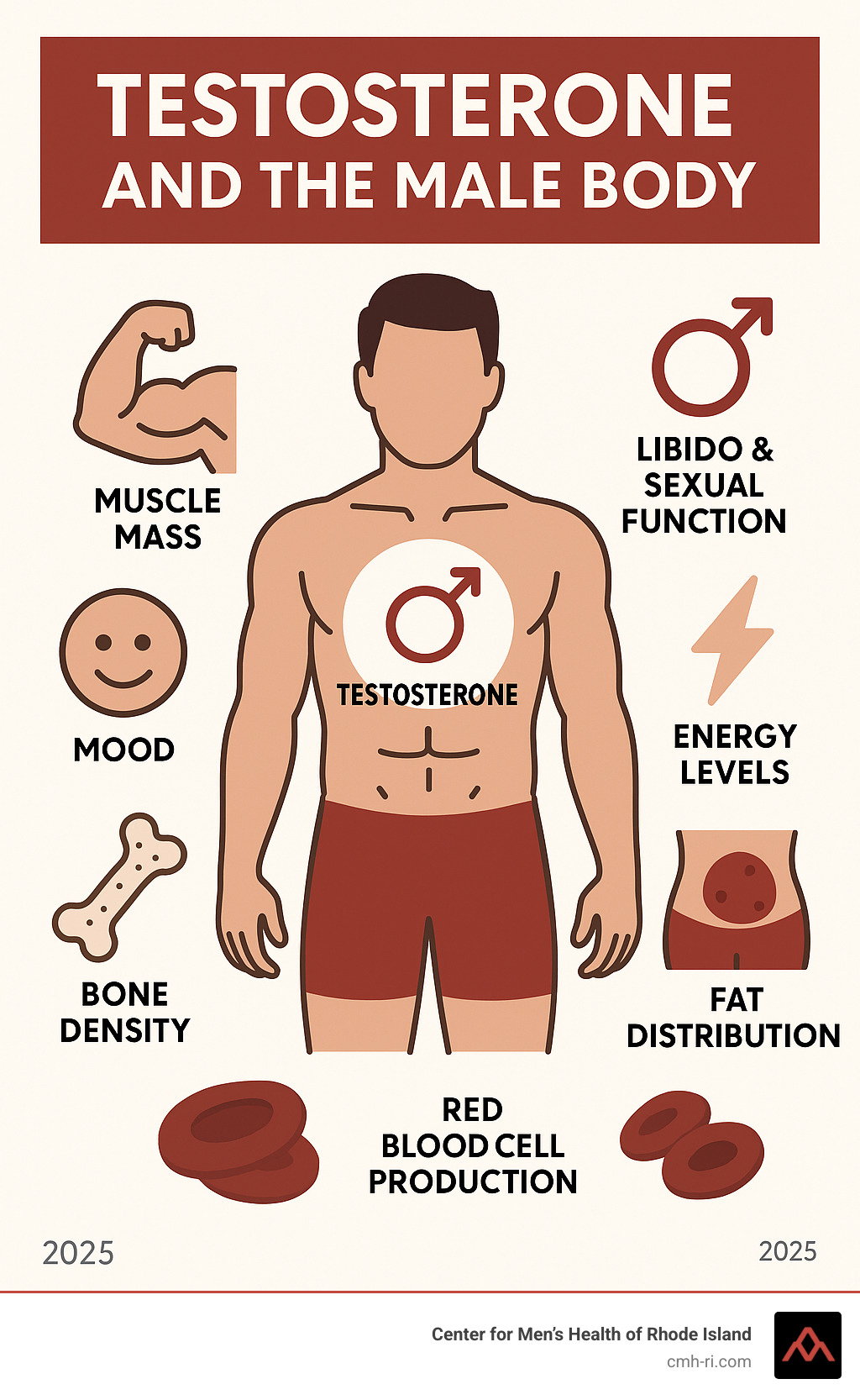 Infographic showing testosterone's role in the male body, including its effects on muscle mass development, bone density maintenance, libido and sexual function, mood regulation, energy levels, fat distribution, and red blood cell production, with visual representations of each function - supplements to increase testosterone infographic Infographic showing testosterone's role in the male body, including its effects on muscle mass development, bone density maintenance, libido and sexual function, mood regulation, energy levels, fat distribution, and red blood cell production, with visual representations of each function - supplements to increase testosterone infographic