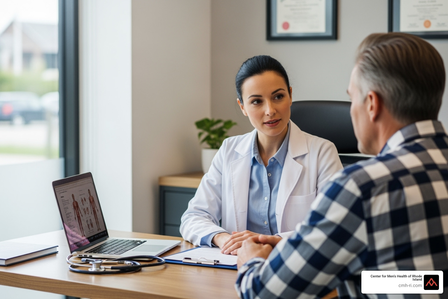 doctor consulting with a patient in a clinic setting - sexual health online treatment