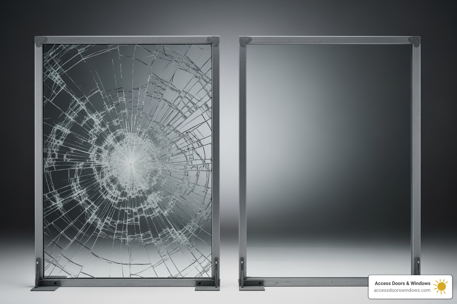 Shattered non-impact window next to intact impact window after test - Window Installation Gulf Coast FL