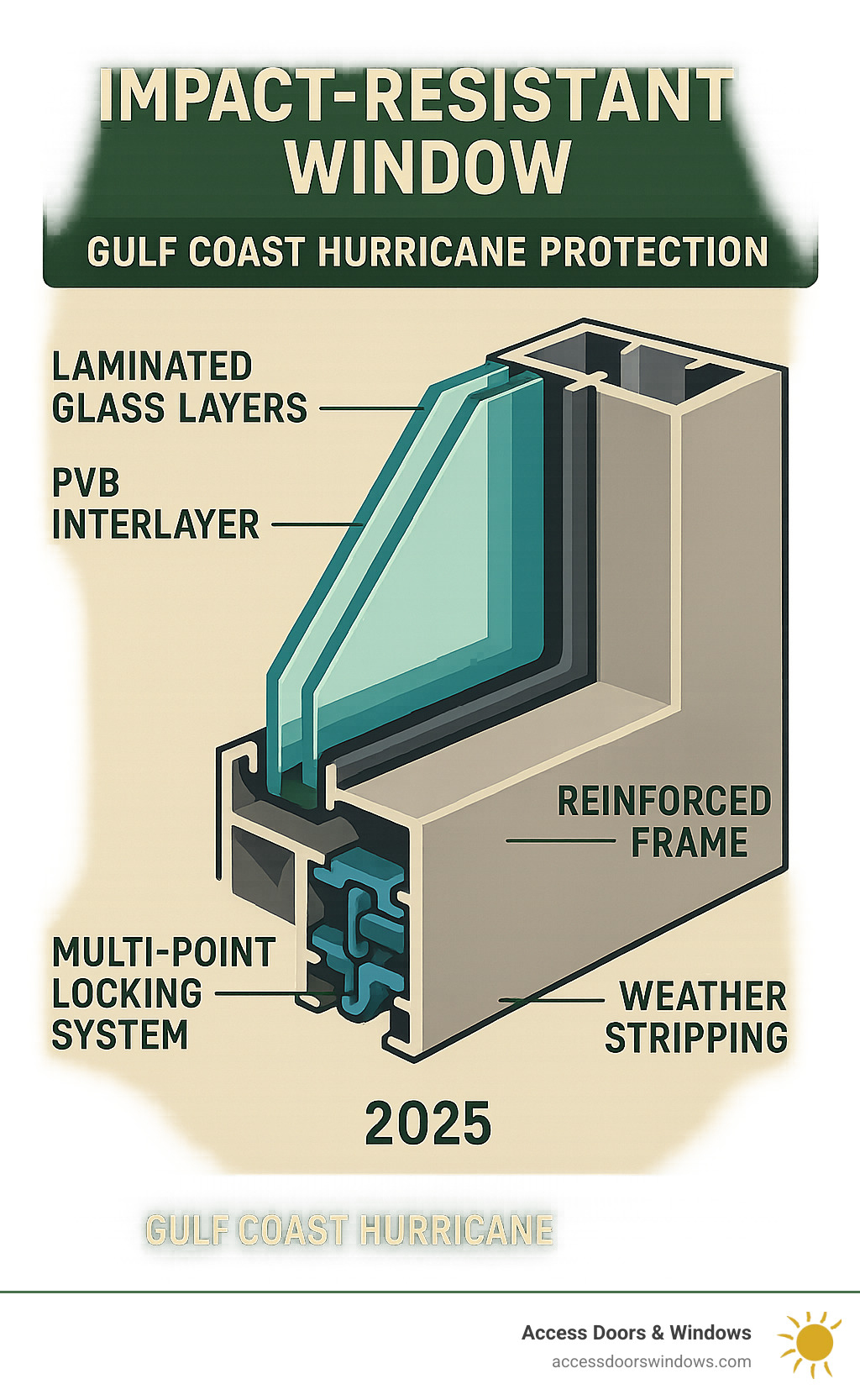 Infographic showing cross-section of impact-resistant window with laminated glass layers, PVB interlayer, reinforced frame, multi-point locking system, and weather sealing components designed for Gulf Coast hurricane protection - Window Installation Gulf Coast FL infographic 