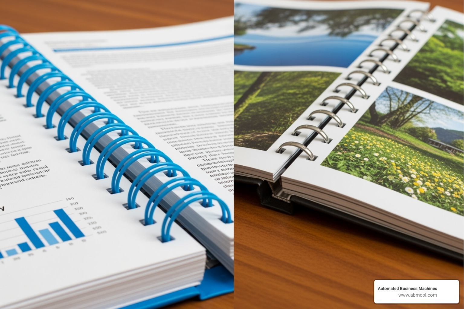 Examples of different binding types like coil and saddle-stitch - Business document printing