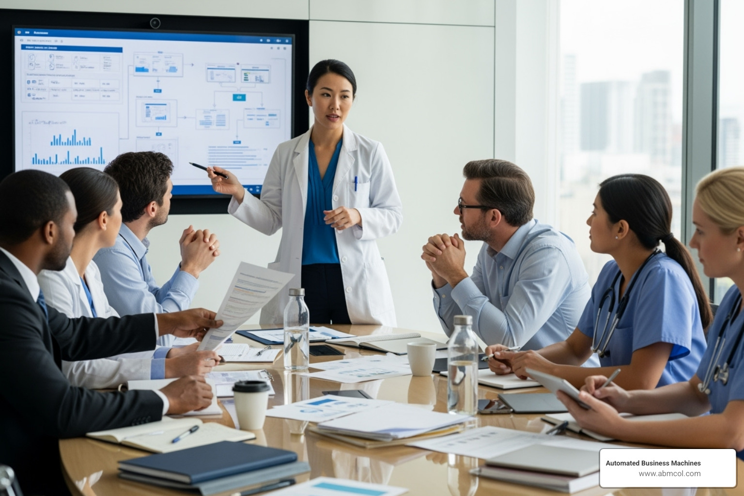 diverse team of healthcare professionals in a meeting, planning implementation - ambient clinical documentation workflow optimization