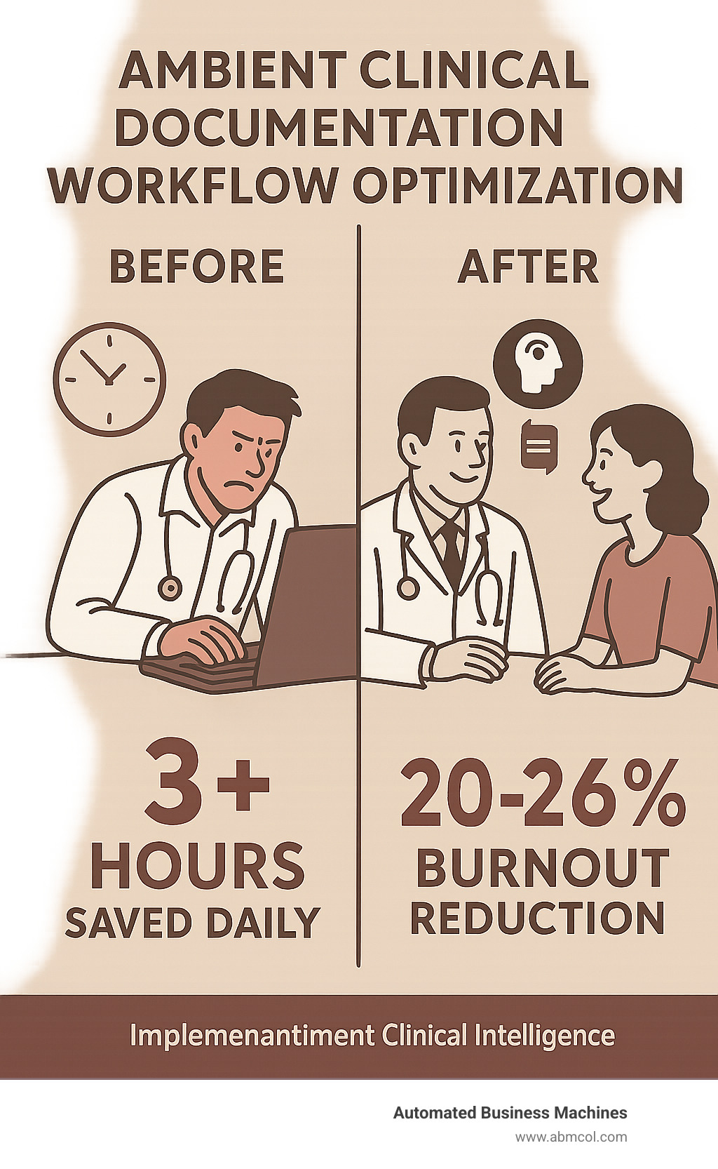 Infographic showing a split-screen comparison of a clinician's typical day before and after implementing ambient clinical intelligence - left side shows doctor typing extensively on computer with stressed expression and clock showing late hours, right side shows relaxed doctor engaging with patient while AI handles documentation automatically, with statistics showing 3+ hours saved daily and and 20-26% burnout reduction - ambient clinical documentation workflow optimization infographic 
