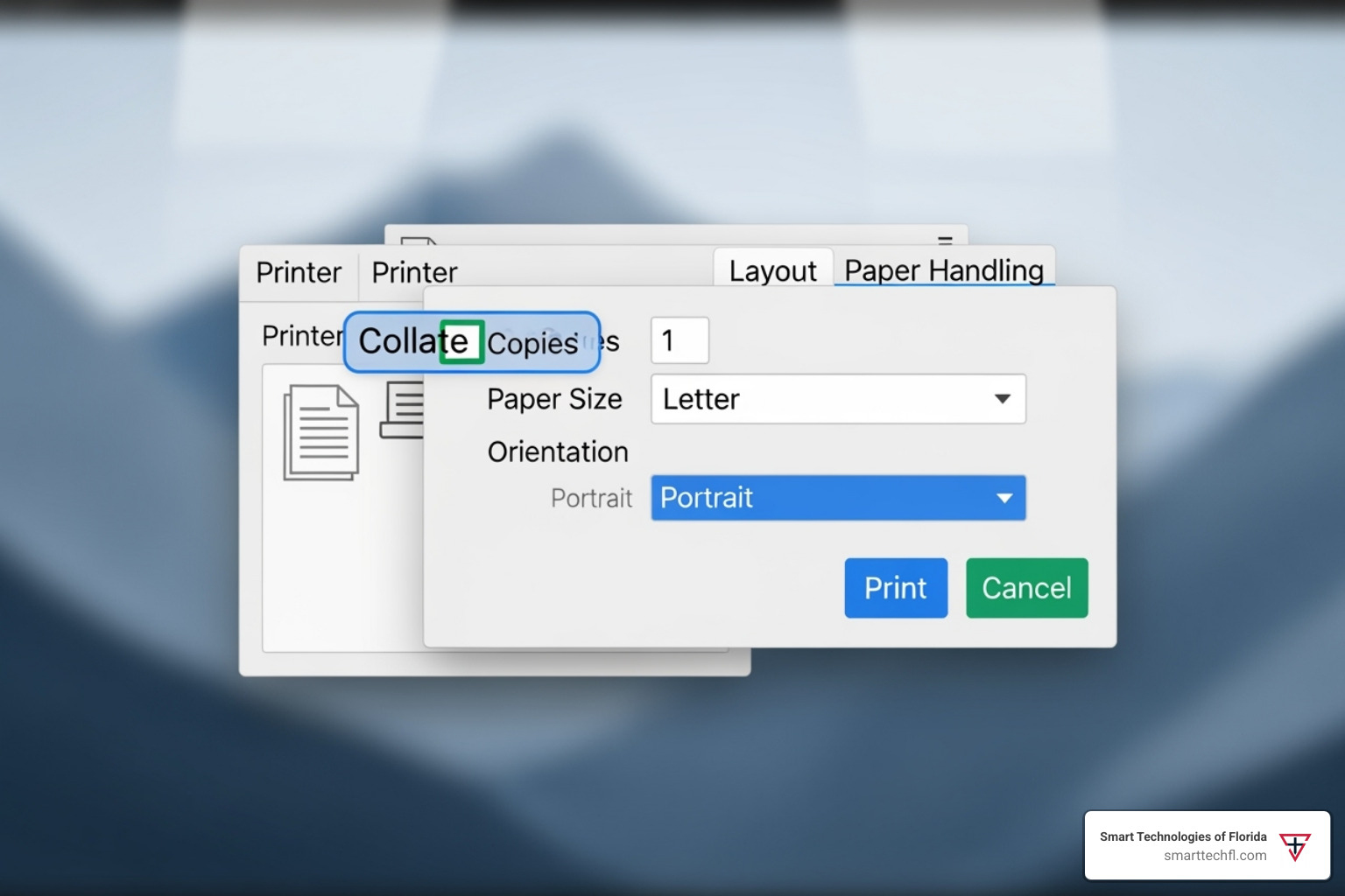print dialog box with the 'collate' option highlighted - collate definition print dialog box with the 'collate' option highlighted - collate definition