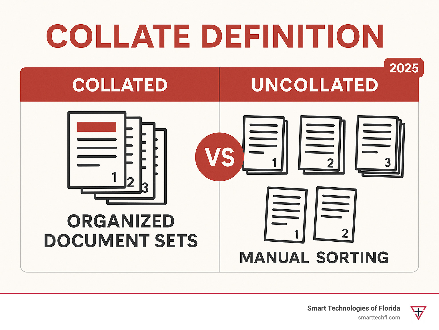 Detailed comparison infographic showing collated printing producing organized document sets versus uncollated printing creating separate page stacks that require manual sorting - collate definition infographic  Detailed comparison infographic showing collated printing producing organized document sets versus uncollated printing creating separate page stacks that require manual sorting - collate definition infographic