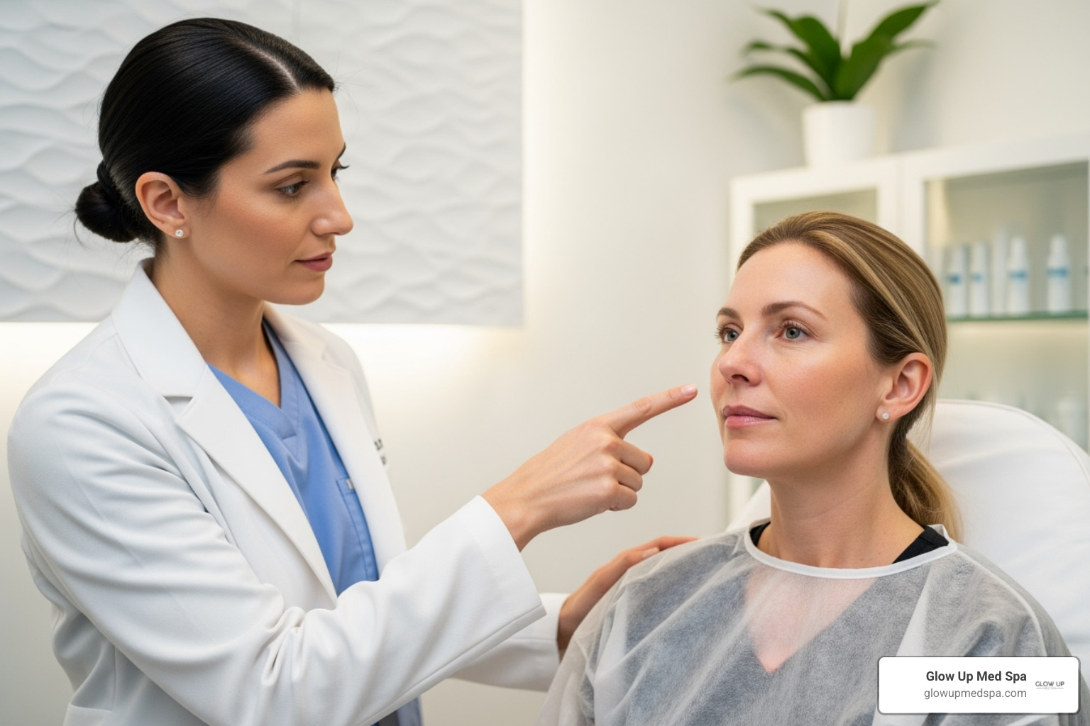 Image of a practitioner pointing to the masseter muscle on a patient - botox for tmj costa mesa
