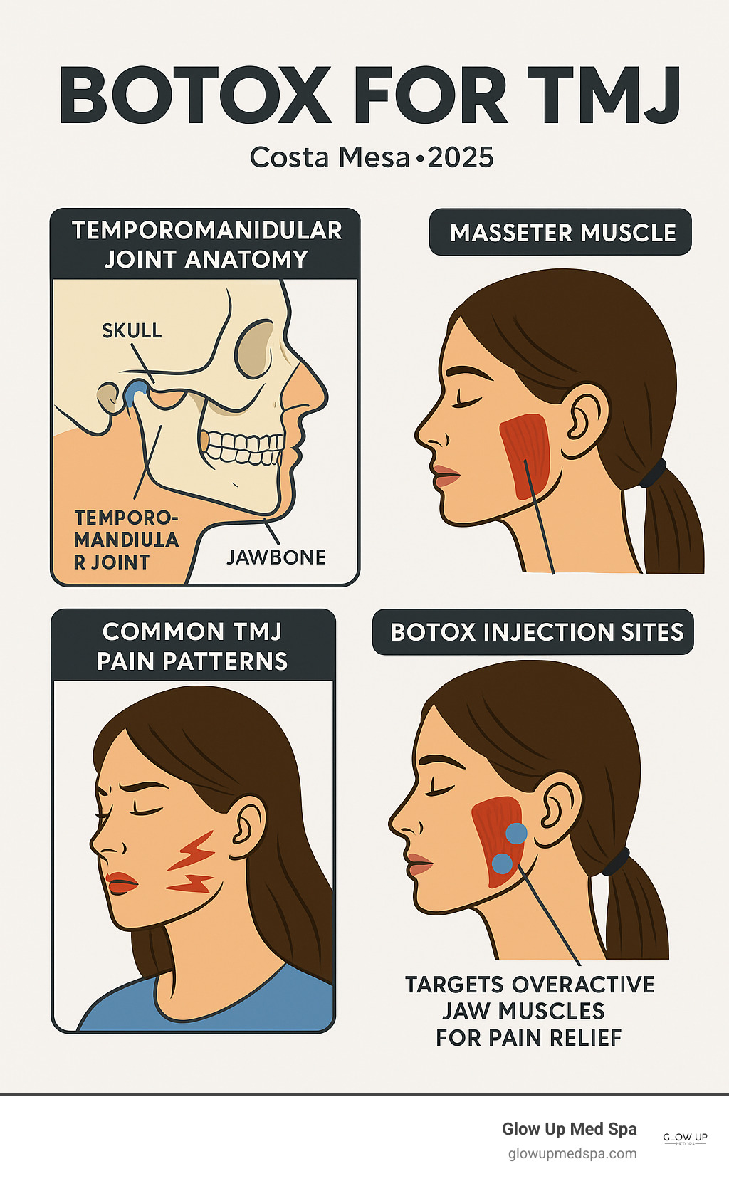 Detailed infographic showing the temporomandibular joint anatomy, masseter muscle location, common TMJ pain patterns, and how Botox injection sites target overactive jaw muscles for pain relief - botox for tmj costa mesa infographic 