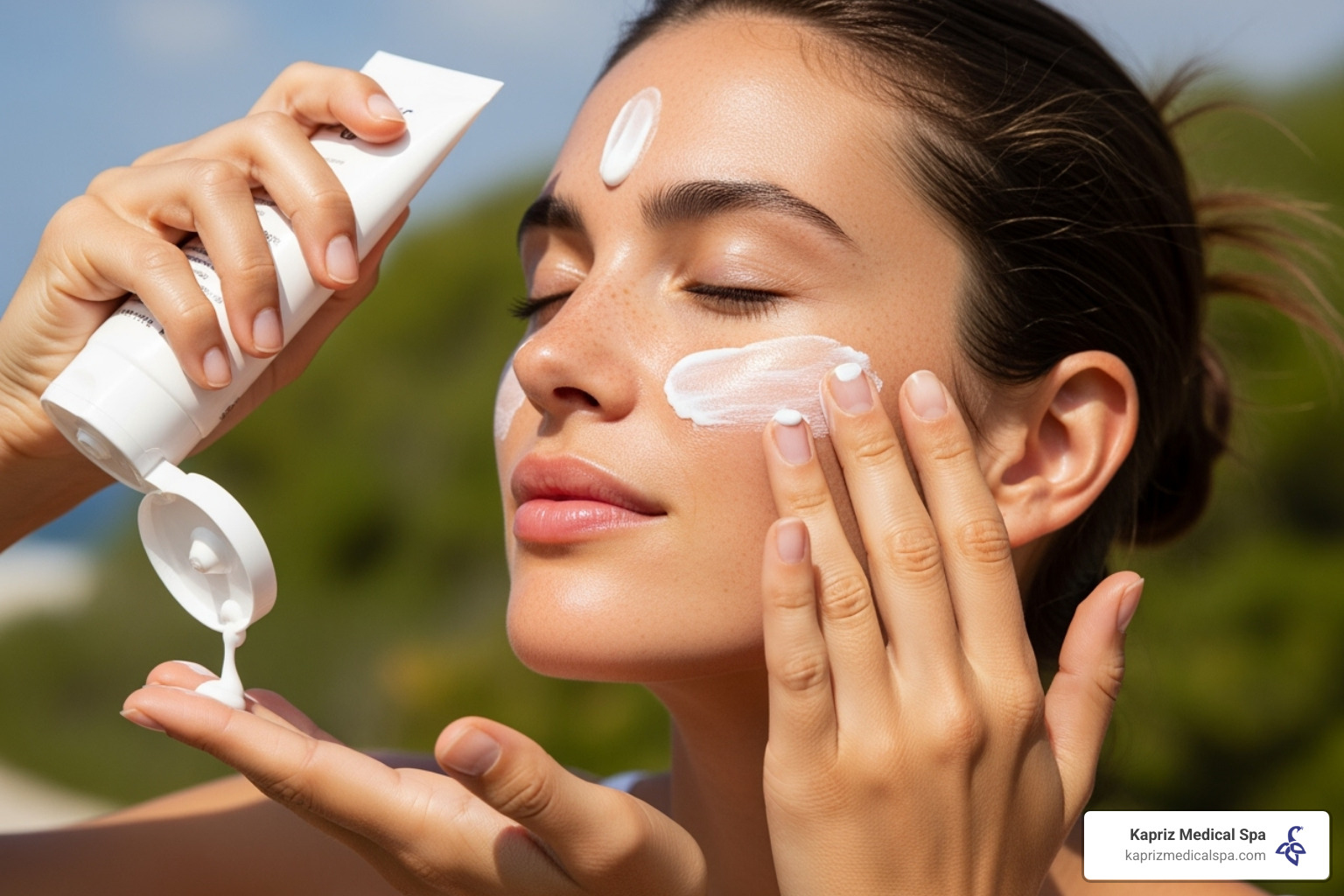 Woman applying high-quality sunscreen to her face outdoors - what is skin rejuvenation treatment