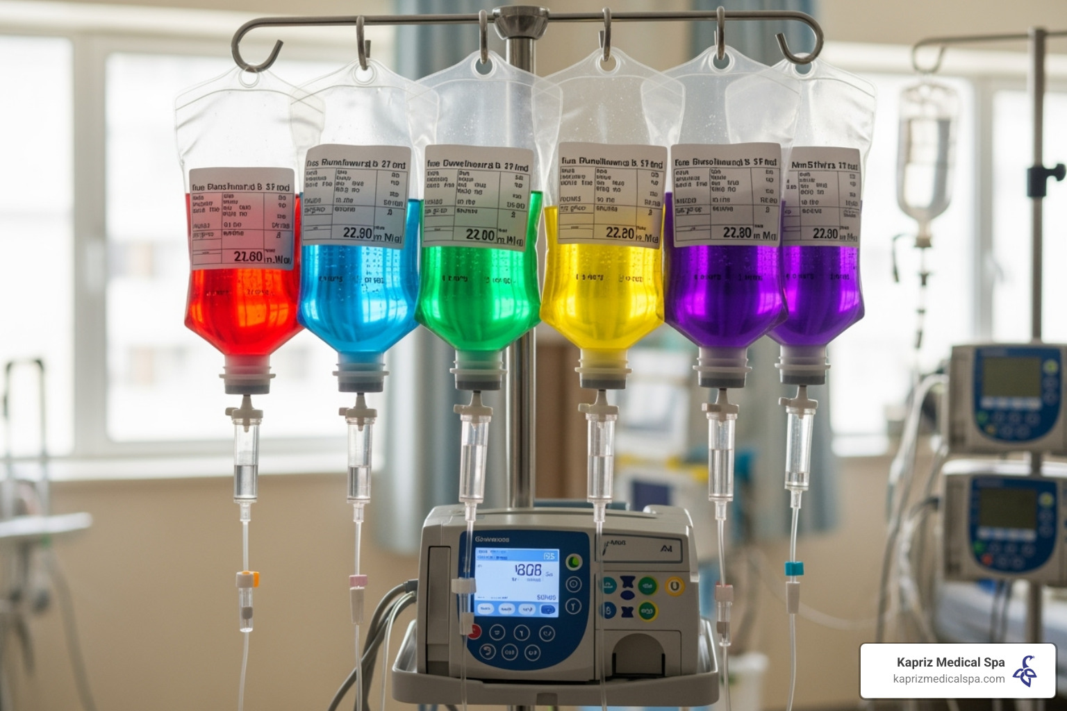 Various colorful IV bags labeled with their purpose, such as "Immunity," "Energy," "Beauty," and "Recovery" - mobile hydration near me