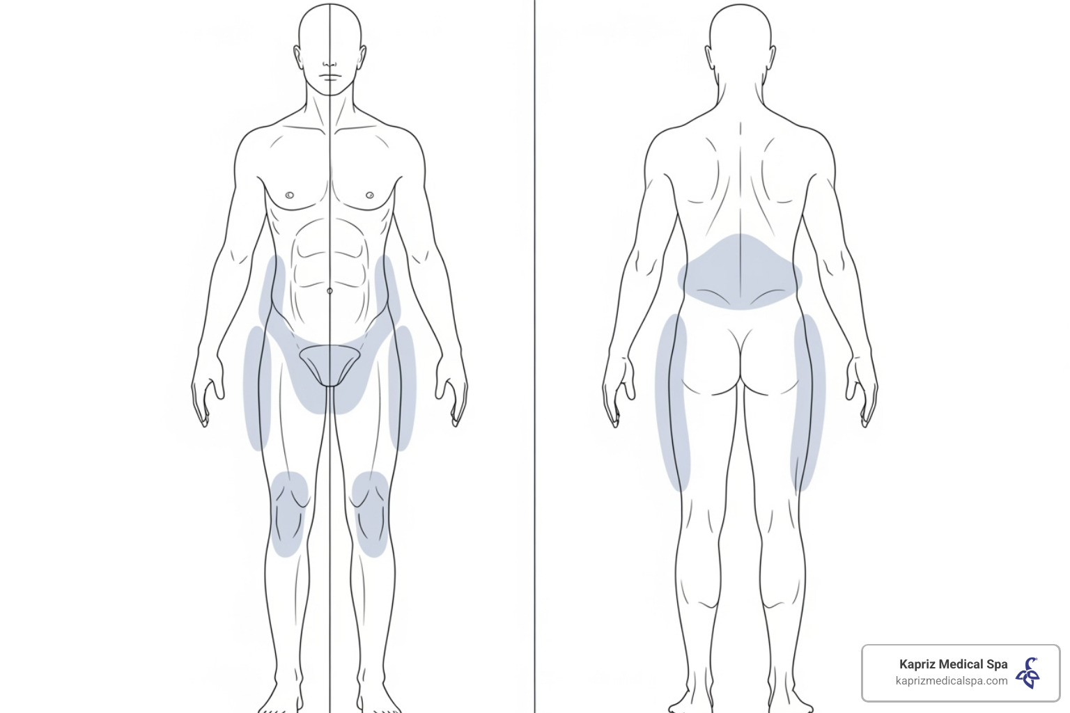 diagram showing common treatment areas like the abdomen, thighs, arms, and flanks - ultimate contour near me