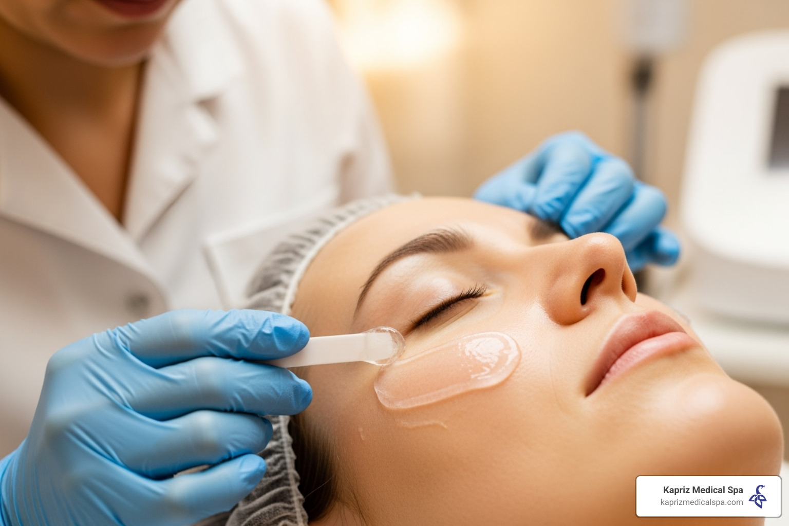 A skilled practitioner gently applying a cooling gel to a patient's face before beginning an IPL treatment session, ensuring comfort and protection. - what is ipl skin rejuvenation treatment