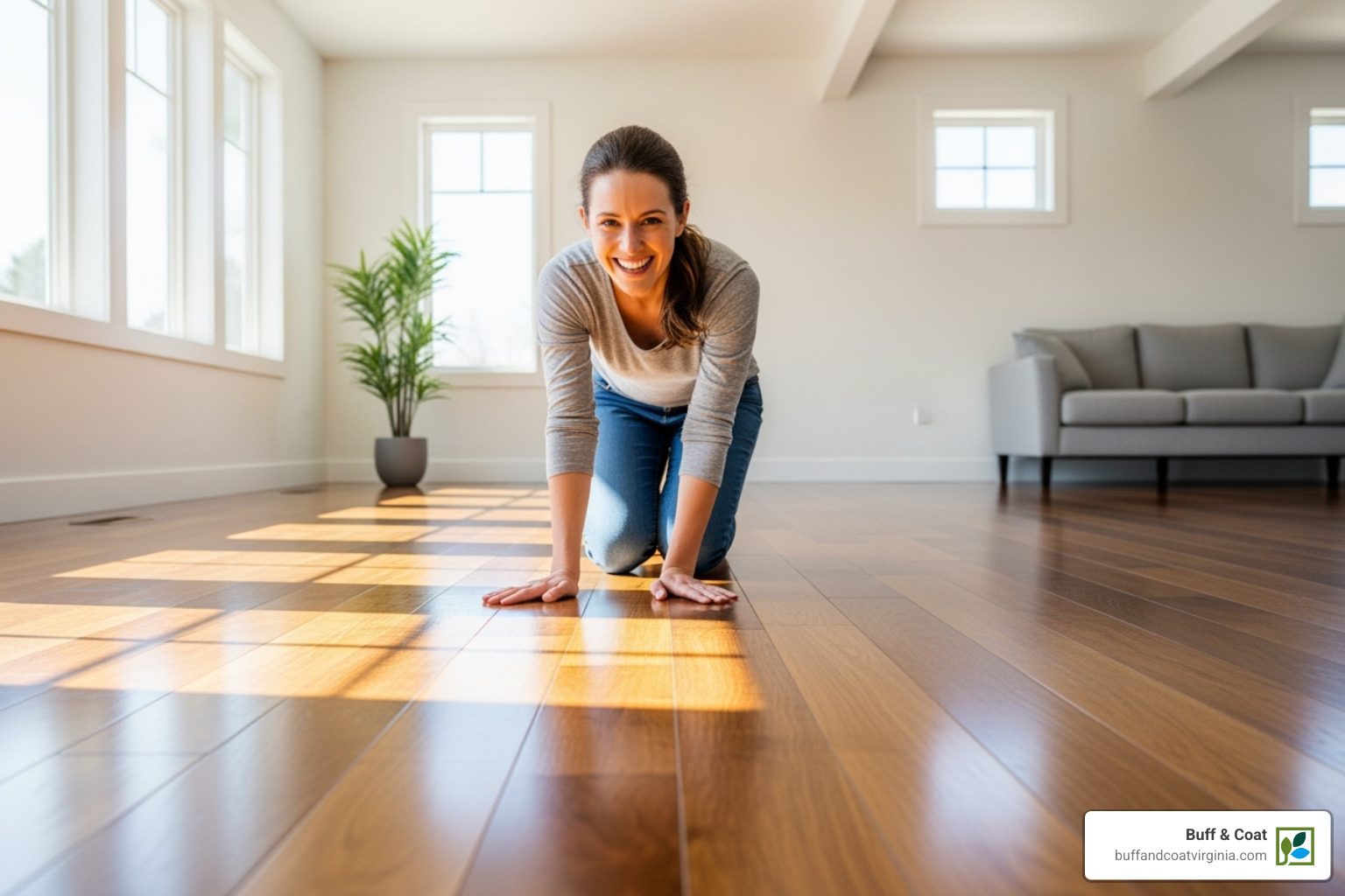 homeowner admiring their newly finished hardwood floor - flooring installer near me homeowner admiring their newly finished hardwood floor - flooring installer near me