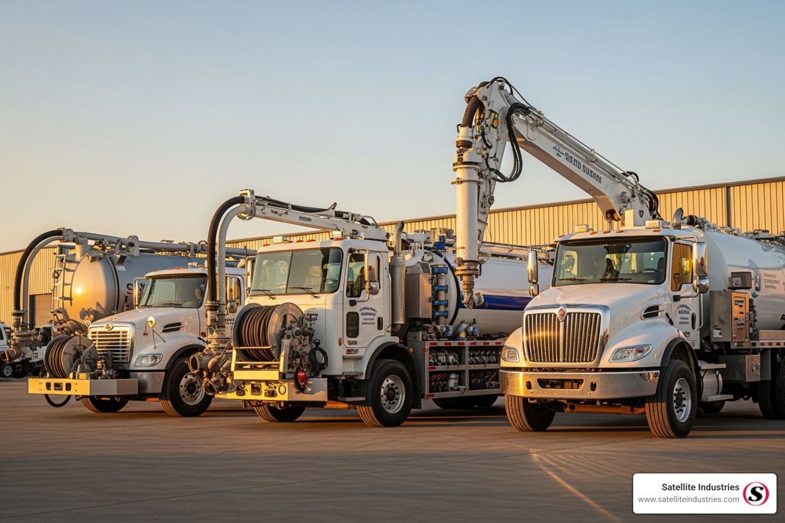 different types of vacuum trucks, including a standard liquid vac, a combination jetter truck, and a hydro-excavator - vac truck