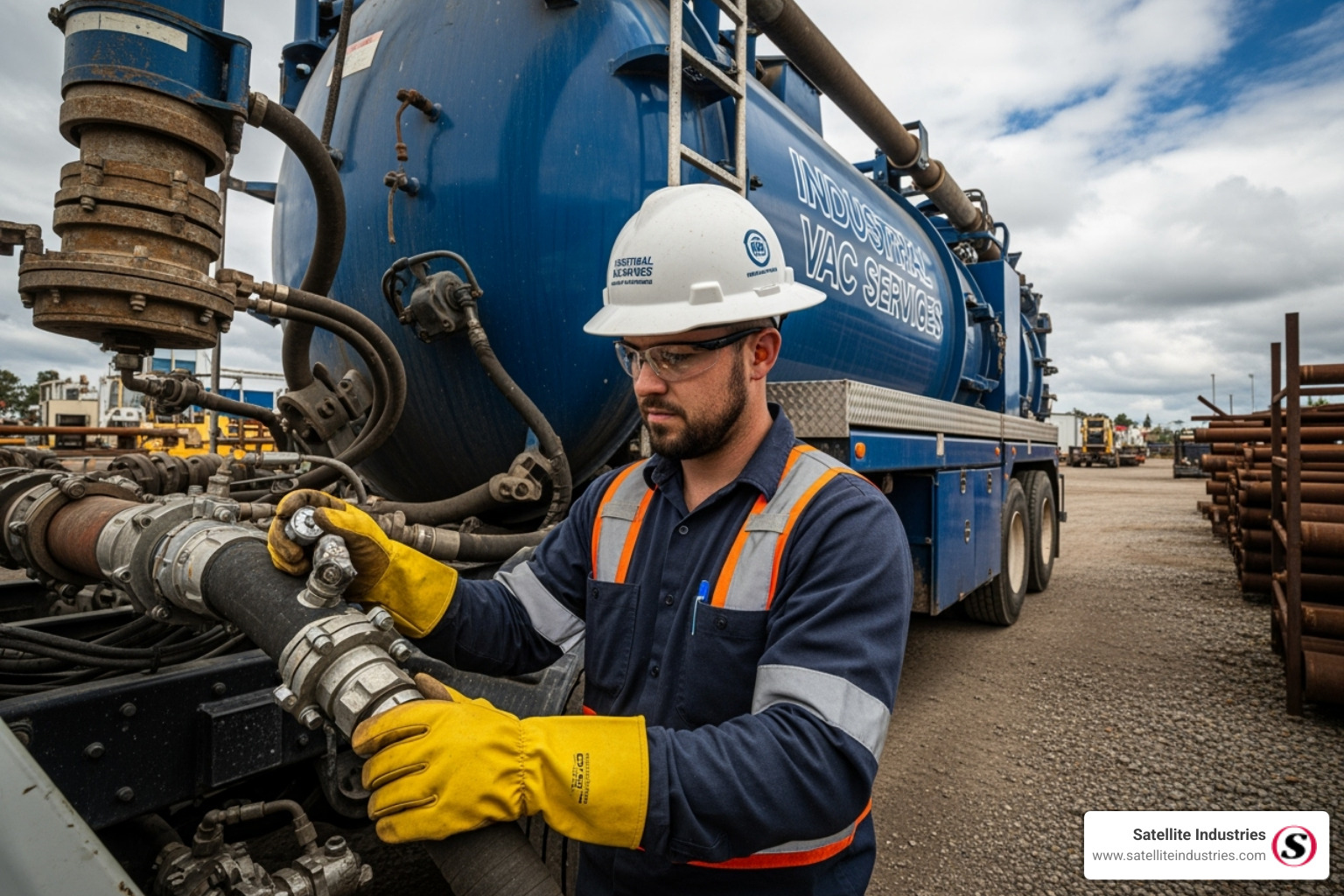 operator in full PPE performing a pre-operation safety check - vac truck