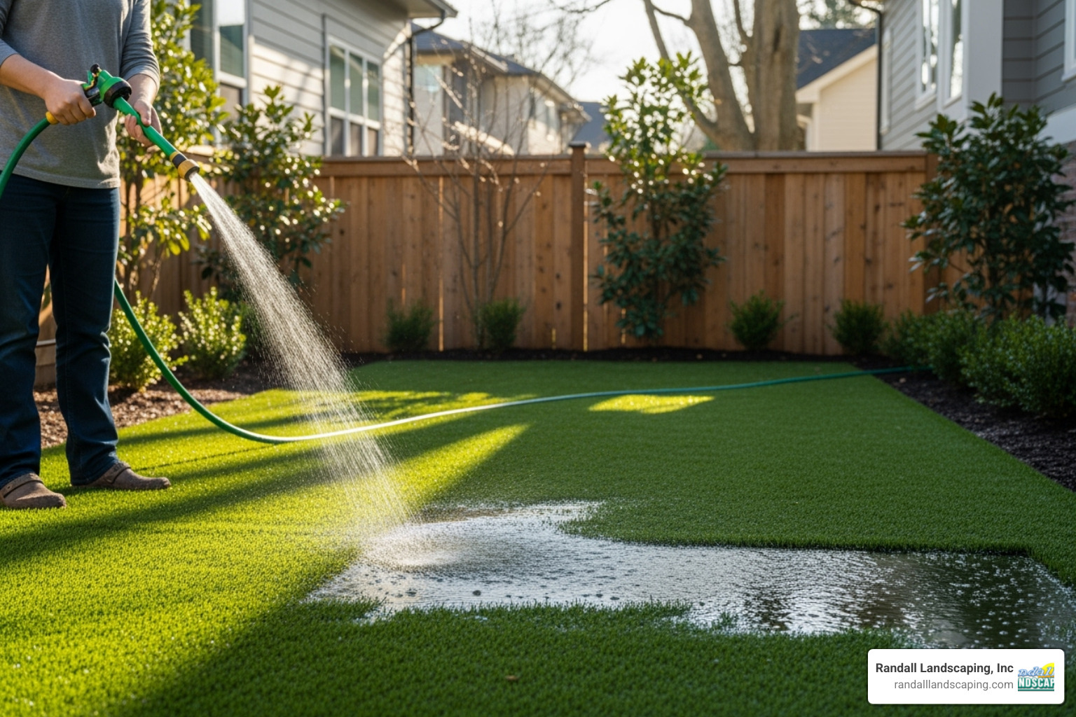 rinsing artificial turf - synthetic grass installation near me