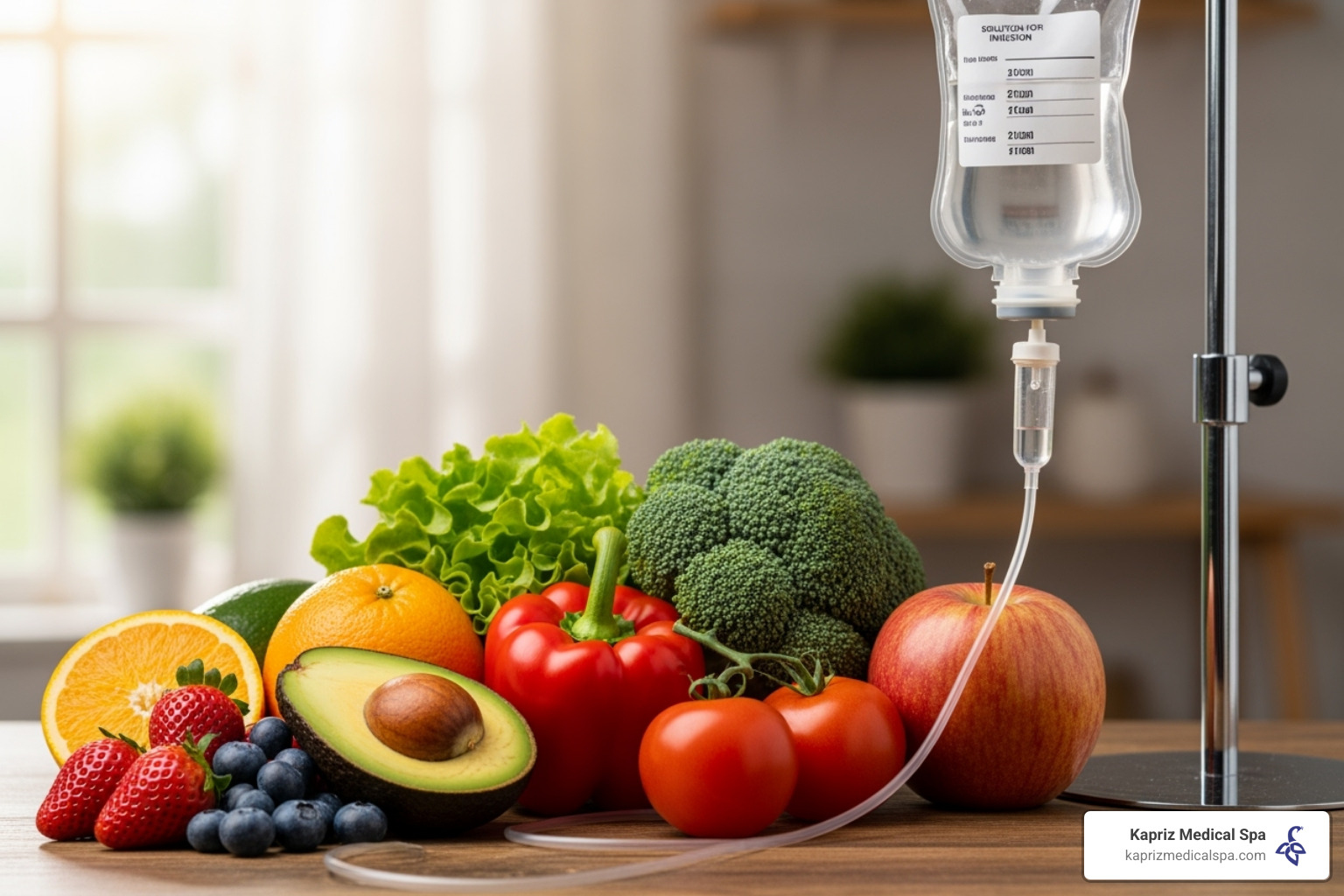 Fruits and vegetables next to an IV bag, symbolizing the blend of natural nutrition with advanced delivery methods in vitamin IV therapy - vitamin iv Fruits and vegetables next to an IV bag, symbolizing the blend of natural nutrition with advanced delivery methods in vitamin IV therapy - vitamin iv