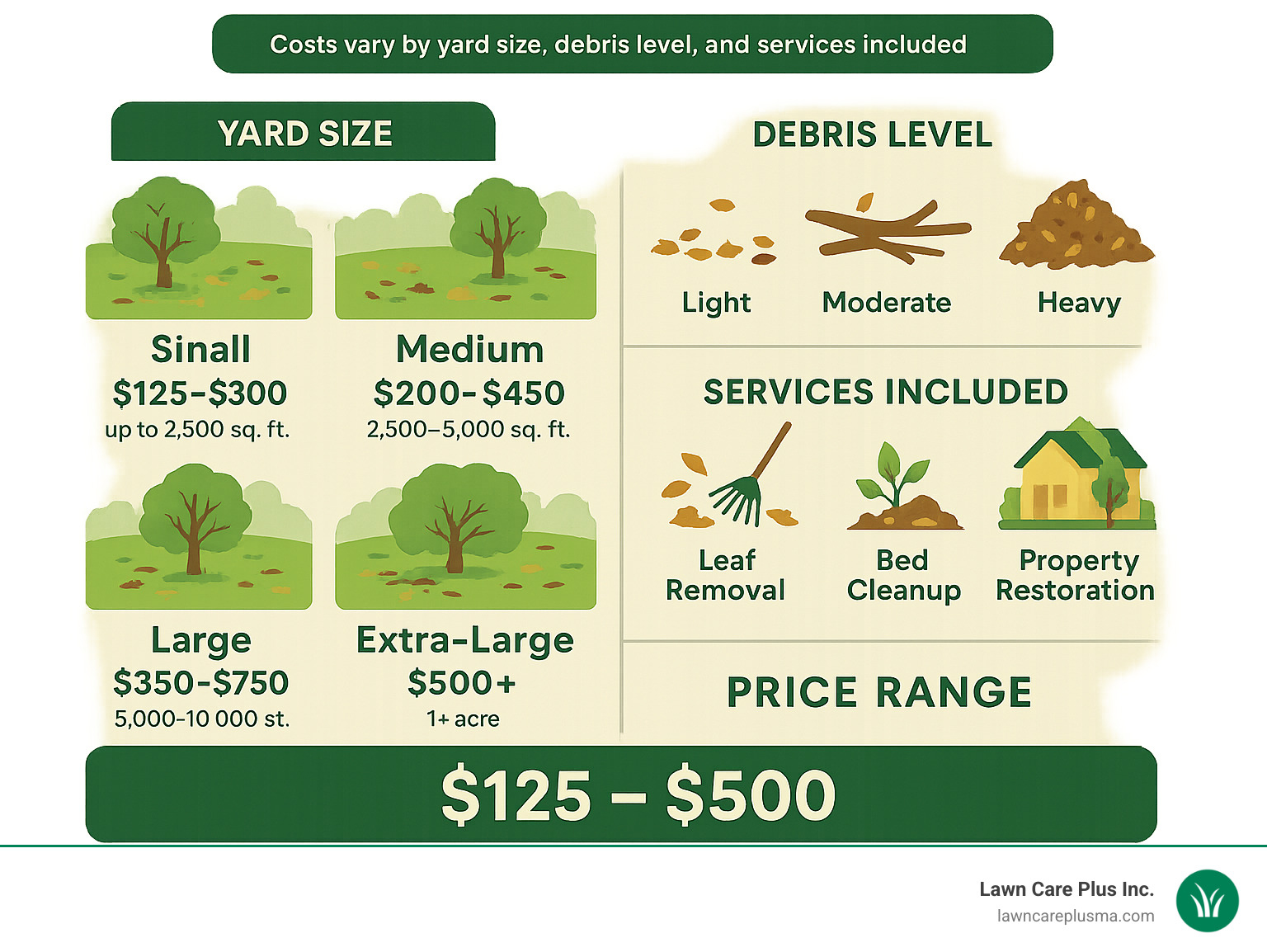 Comprehensive breakdown of spring yard cleanup costs by yard size, debris level, and services included, showing price ranges from basic leaf removal to full property restoration - cost of spring yard clean up infographic 