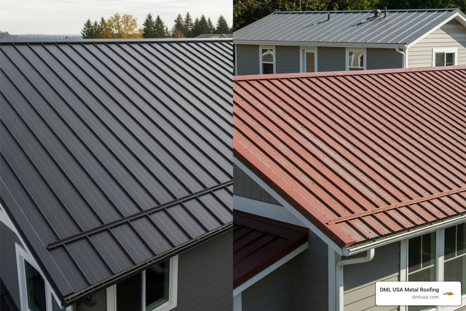 side-by-side comparison of a standing seam roof and an exposed fastener roof - metal roofs for residential homes