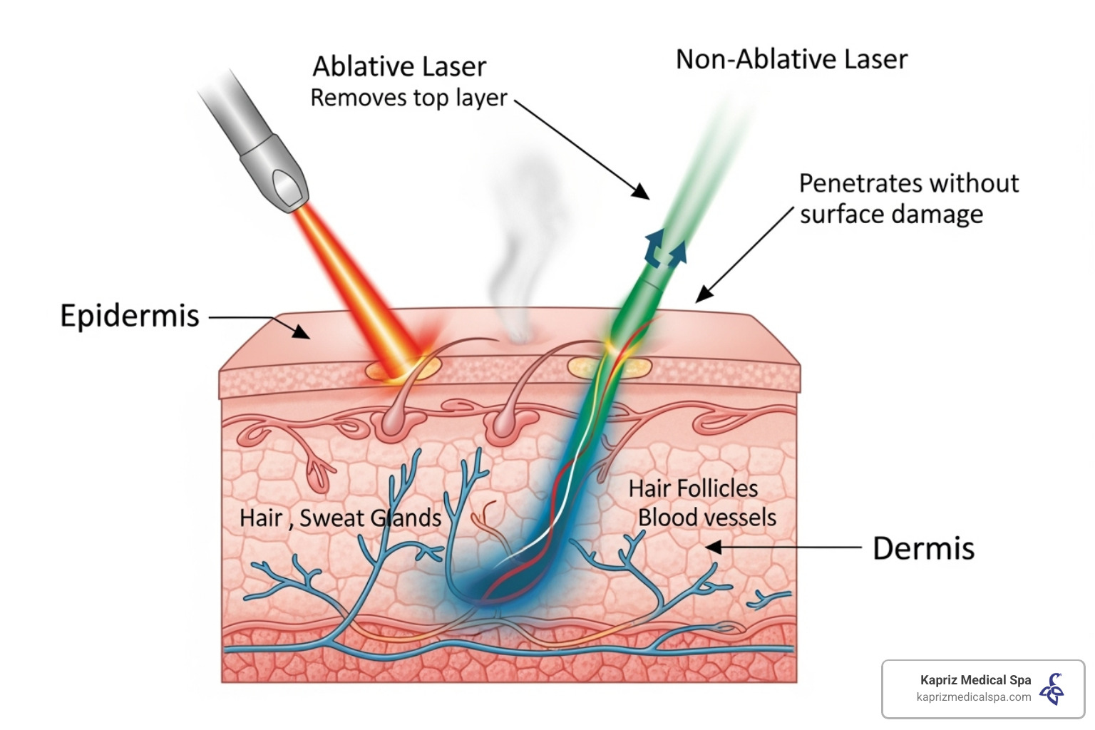 Diagram comparing the depth and effect of ablative and non-ablative lasers - what is laser skin rejuvenation treatment Diagram comparing the depth and effect of ablative and non-ablative lasers - what is laser skin rejuvenation treatment